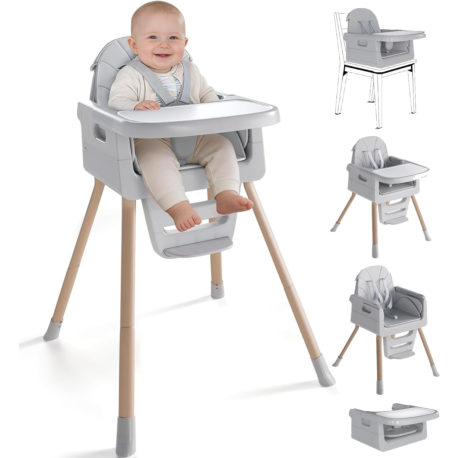 Detalle de EverKiddo Convertible High Chair, 4 Modes, Foldable, Adjustable Tray and Footrest