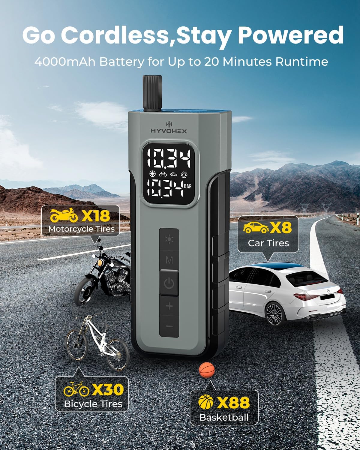Thumbnail 2 de HYVOHEX Tyre Inflator Cordless Compressor: 1 Min Fast Inflation with Rechargeable Battery and LED Light