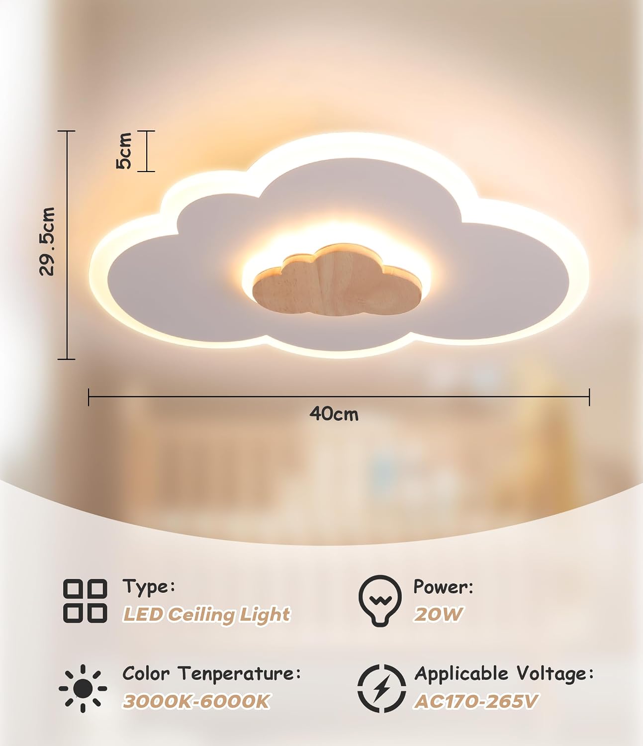 Detalle de FANLG LED-Deckenlampe Kinderzimmer 40 cm – dimmbar, Fernbedienung, 3000–6000 K, Wolkendesign