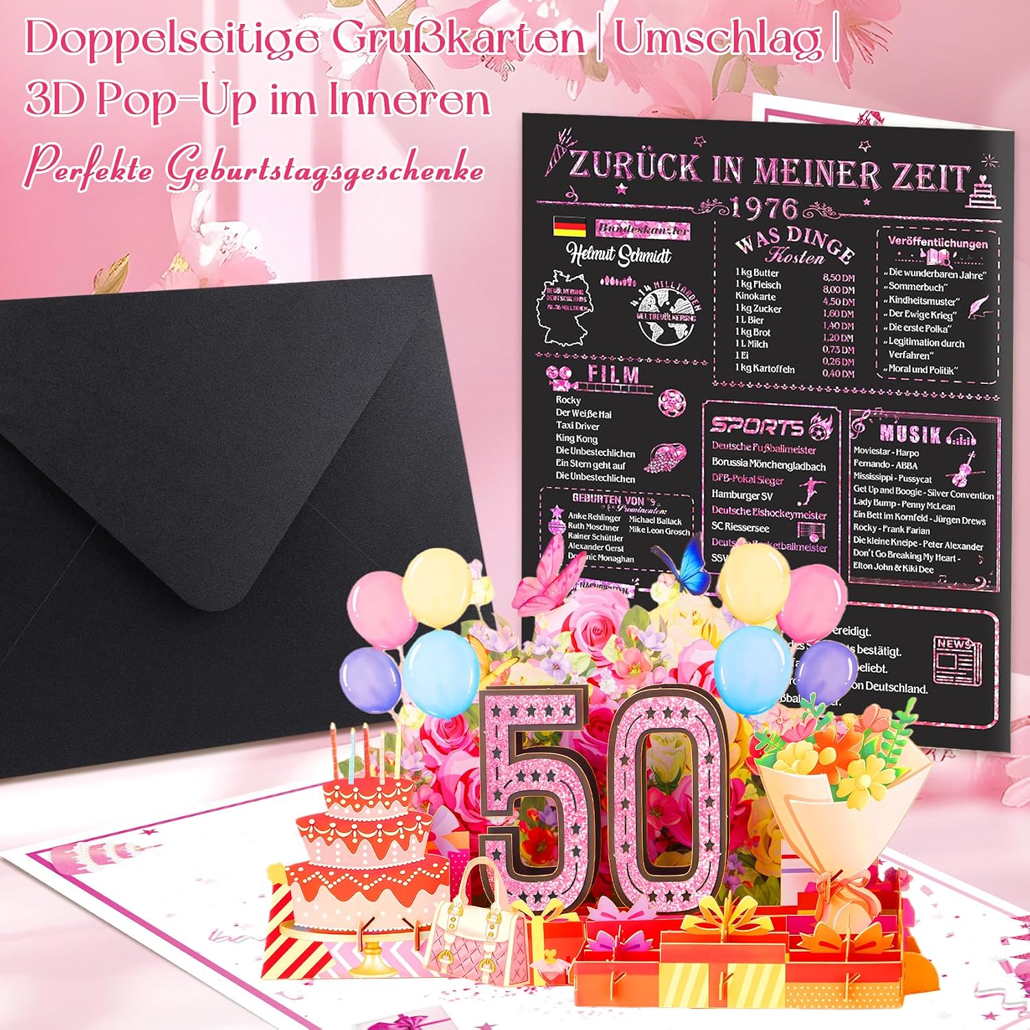 Detalle 2 de OLOSONG Geburtstagskarte 50 – 3D Pop-up Karte mit Umschlag (Back in 1976)