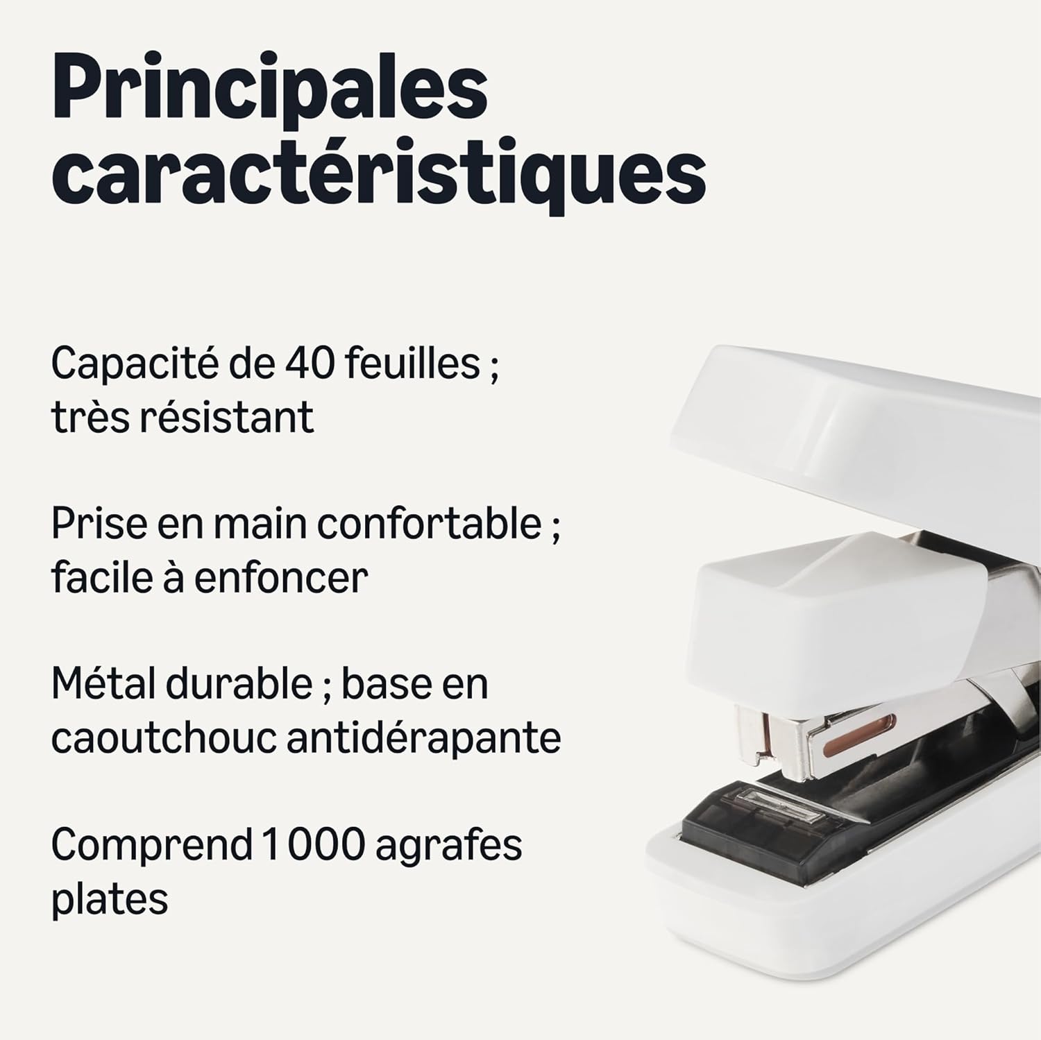 Thumbnail 1 de Amazon Basics Agrafeuse de bureau robuste – agrafage plat, 40 feuilles, 1000 agrafes inclus, blanc