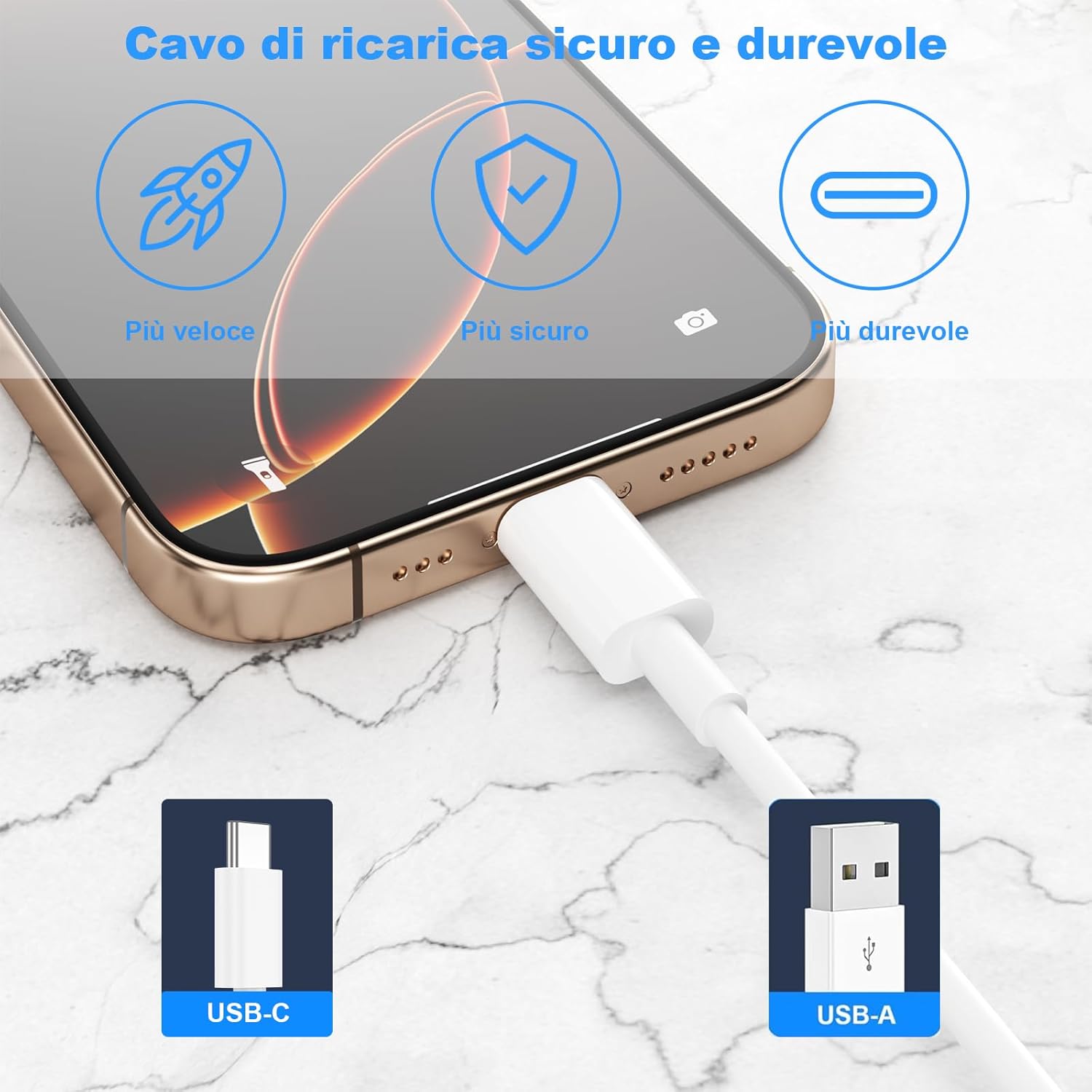 Thumbnail 1 de Cavo USB Type-C in set da 2 pezzi (1 m e 2 m) per ricarica rapida, compatibile con iPhone, Samsung e iPad
