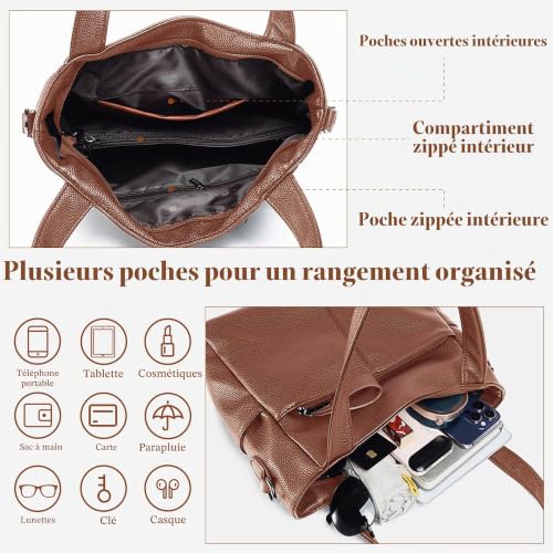 Detalle 2 de Mabecol sac shopper moyen en PU marron, compartiments multiples et bandoulière réglable