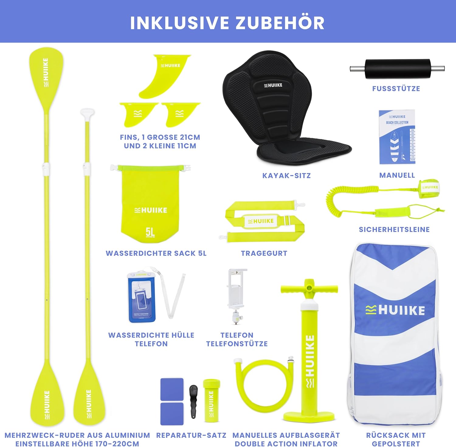 Thumbnail 2 de HUIIKE Stand-Up-Paddling-Board Full Pack (aufblasbar) inkl. Zubehör, Paddel, Finnen, Pumpe – 305 x 84 x 15 cm, bis 130 kg