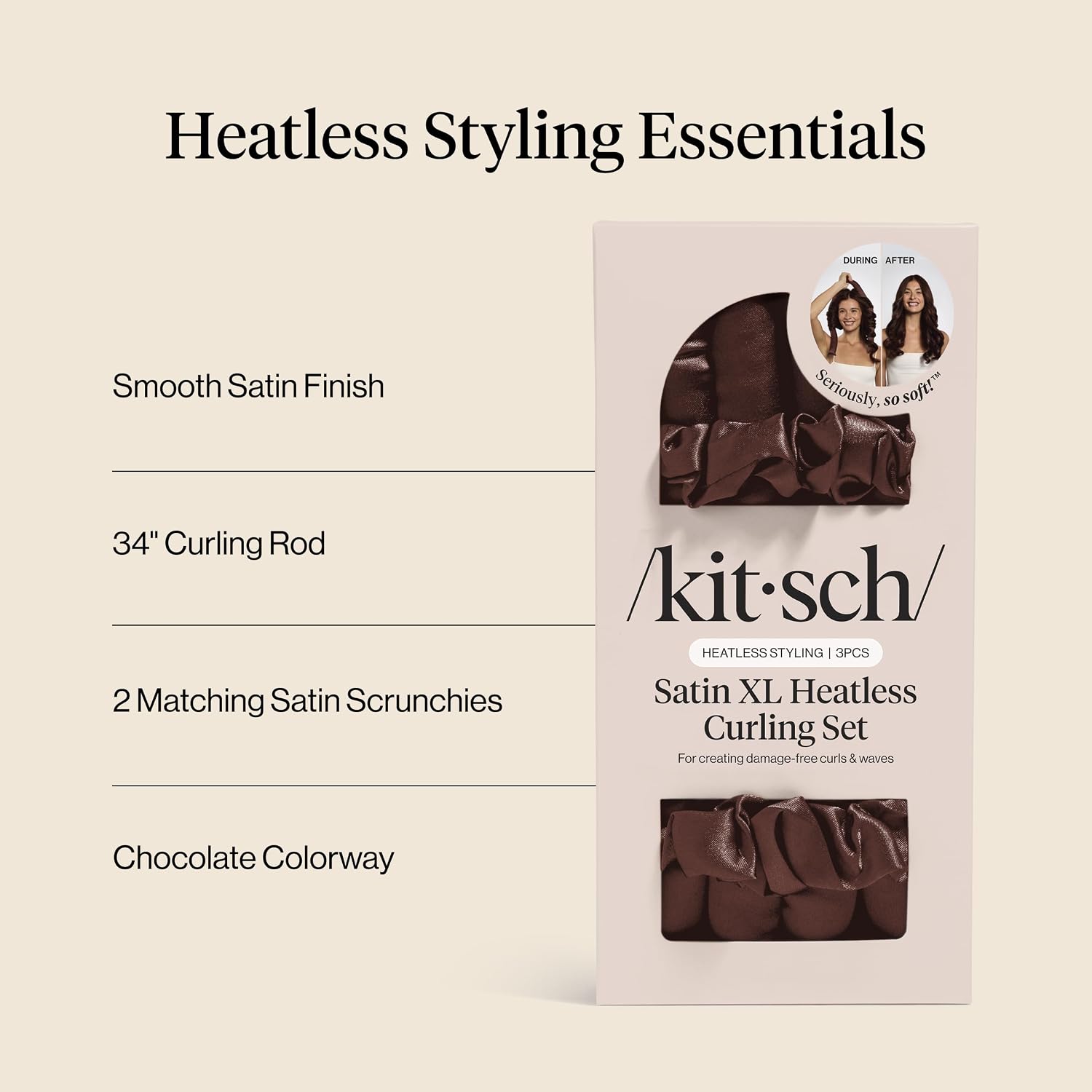 Detalle de Kitsch chocolat Heatless Curler Set, Chocolate Satin Rod with Two Scrunchies