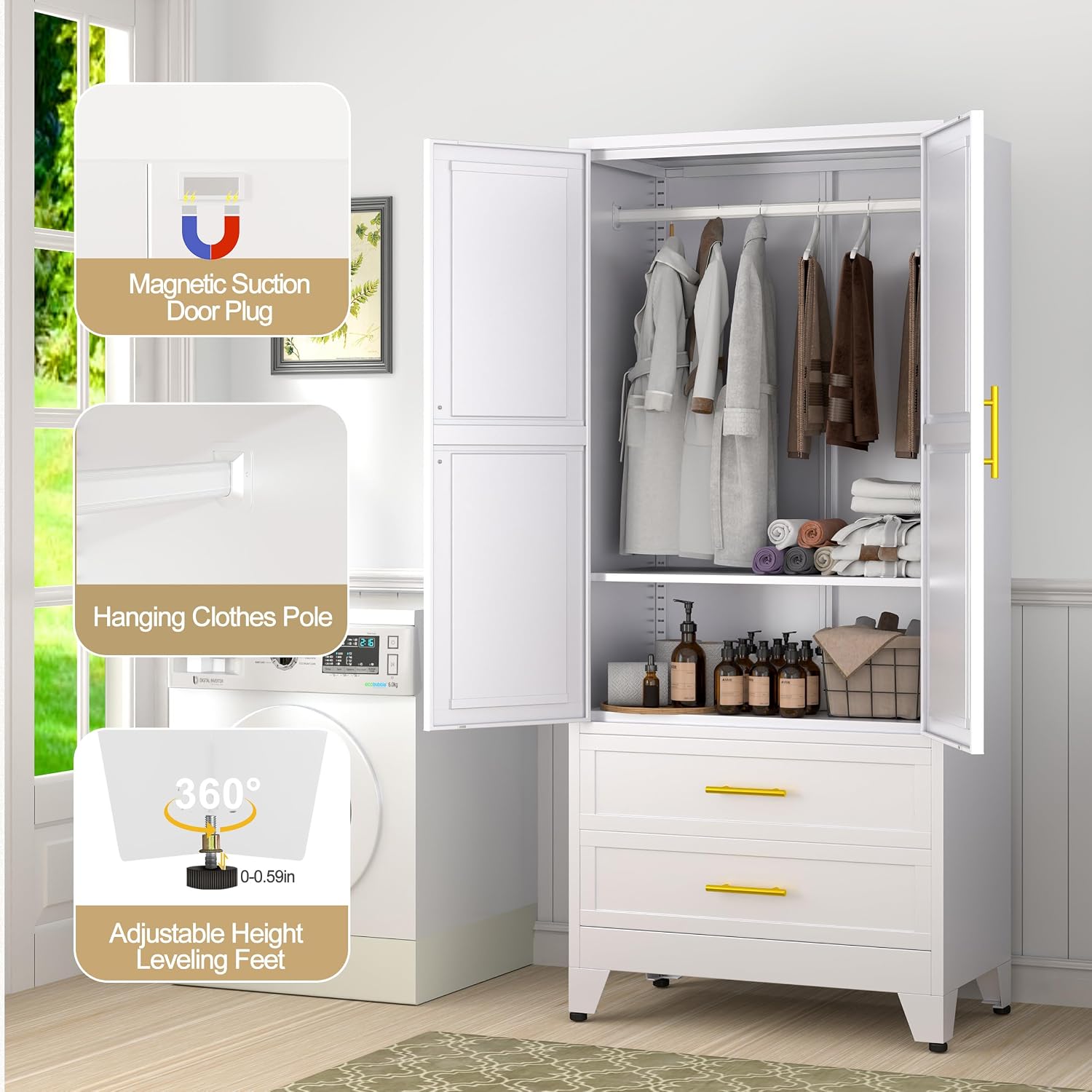 Thumbnail 4 de GAIOUS Tall 2Drawer W Metal Wardrobe Cabinet with Hanging Rod, White