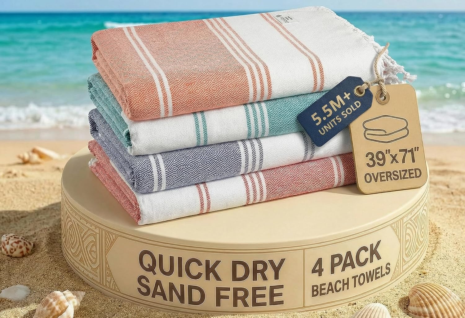 Detalle de LANE LINEN 4 Pack Beach Towels - Cotton Rich Oversized, Pre-Washed Quick Dry