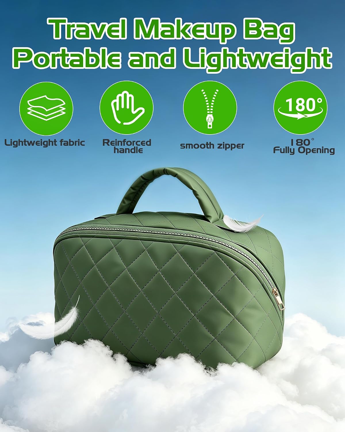 Thumbnail 4 de Travel Makeup Bag for Women: Large Flat Lay Case with Compartments, Clear Brushes Pocket and Wet Pocket (Green)