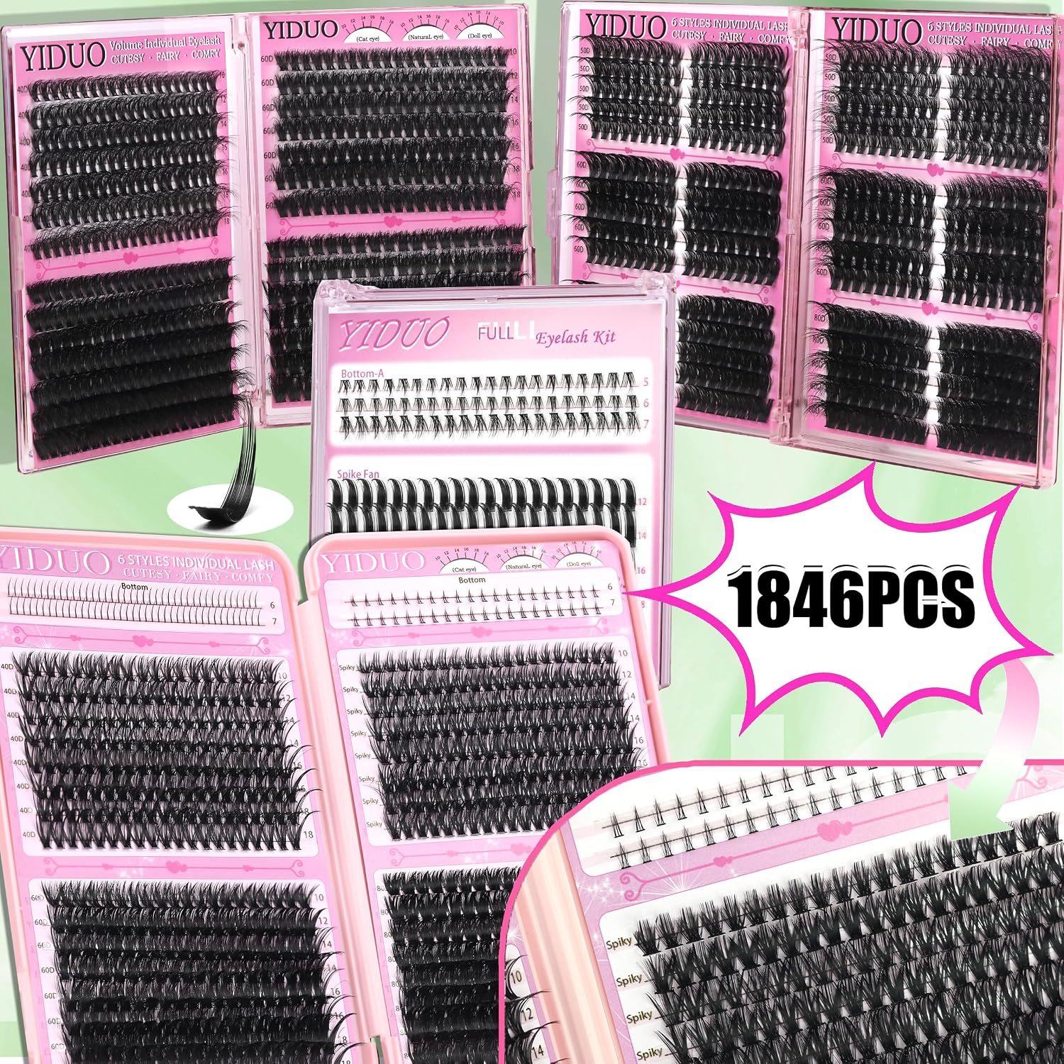 Thumbnail 1 de YIDUO 1846Pcs Lash Clusters Kit with Spikes+Bottom Cluster Lashes – D Curl, Wispy Volume DIY Eyelash Extensions