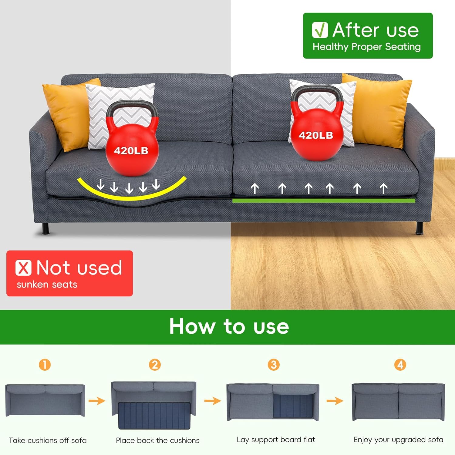 Thumbnail 4 de VERONLY Couch Cushion Support for Sagging Seat (60x170CM) – Wooden Sofa Strengthener Boards for 3-Seater