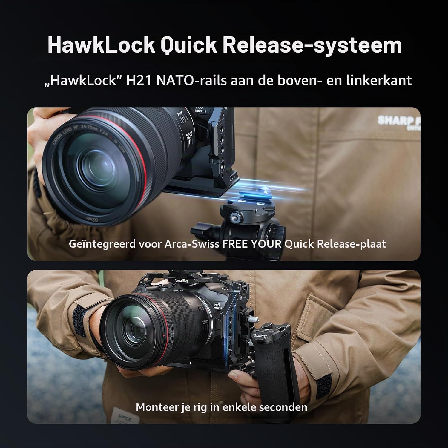 Detalle 2 de SMALLRIG 5956 cagekit voor Canon EOS R6 Mark II met handgrepen en Arca-plaat