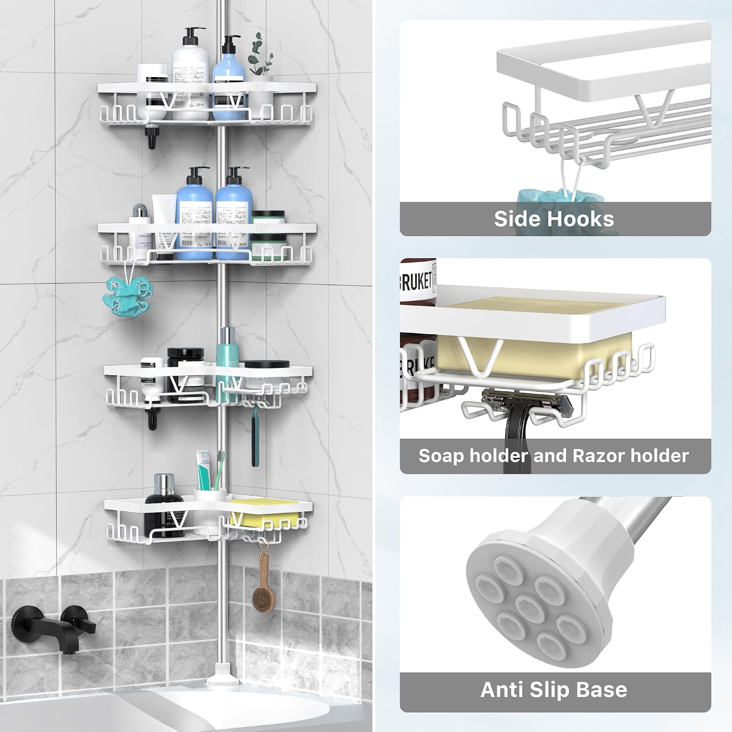 Detalle de DAOYA Corner Shower Caddy, 4-Tier Adjustable Tension Pole, White Stainless Steel