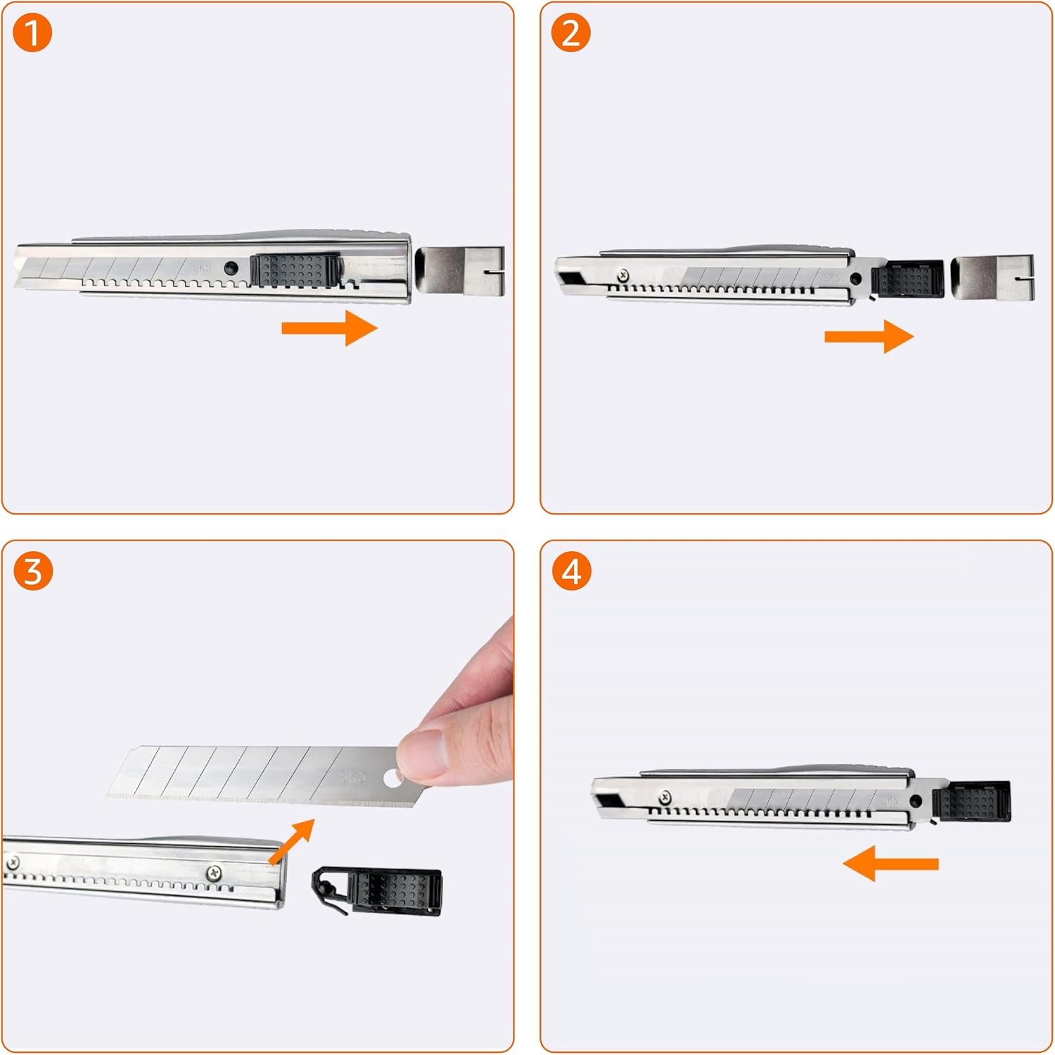 Detalle de Amazon Basics Taglierino multiuso autobloccante con corpo in lega di zinco – confezione 2 pezzi + 20 lame SK5 (18 mm e 9 mm) – Argento
