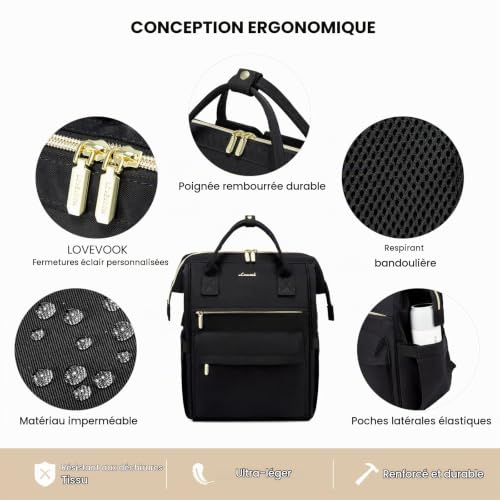 Detalle 2 de LOVEVOOK Sac à dos femme 15,6 pouces avec compartiments rembourrés et port USB