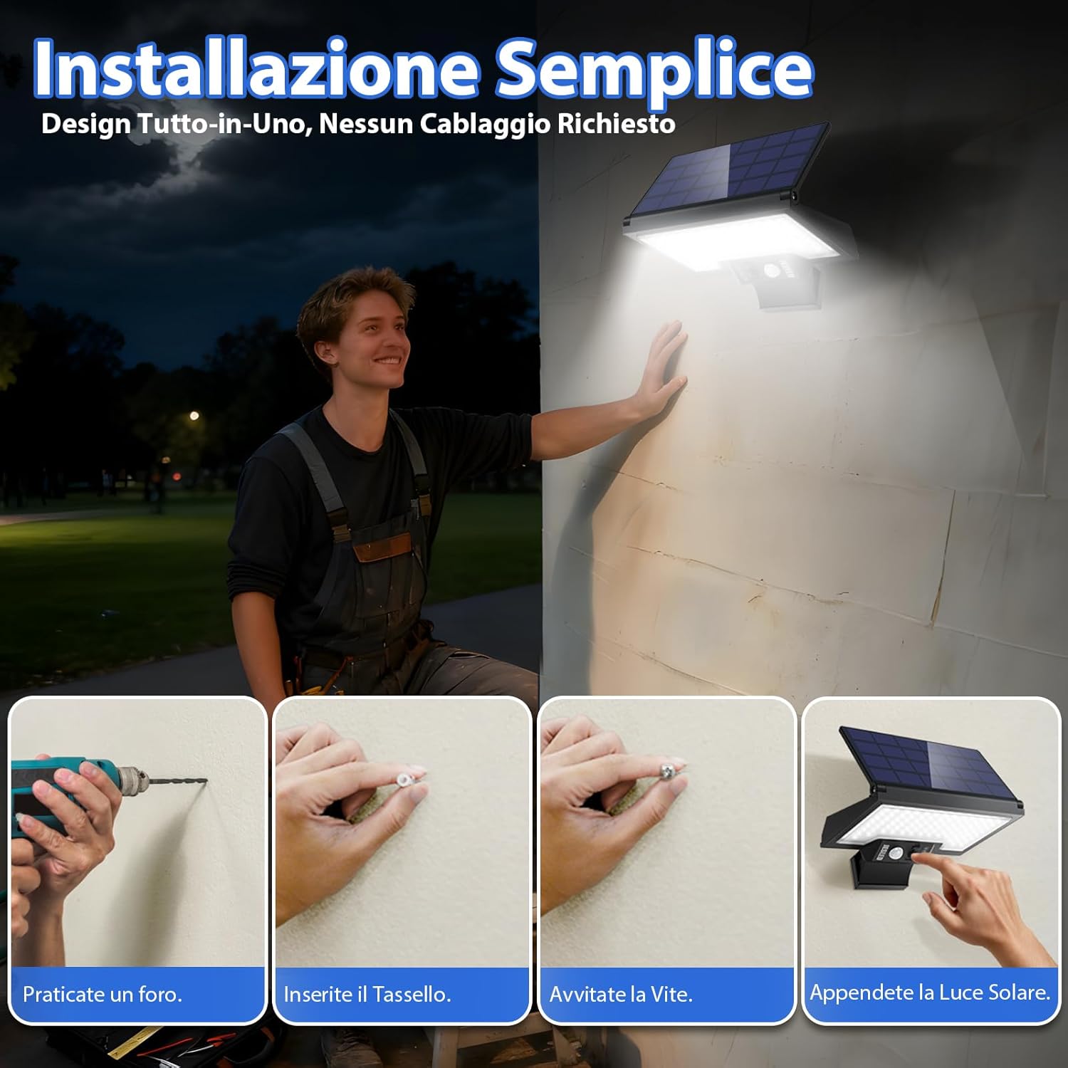 Detalle de JESLED Faretto LED da Esterno Solare con Sensore di Movimento 108LED, 4 Modalità, IP65, Galleggiante e Rotante – Kit 4 Pezzi