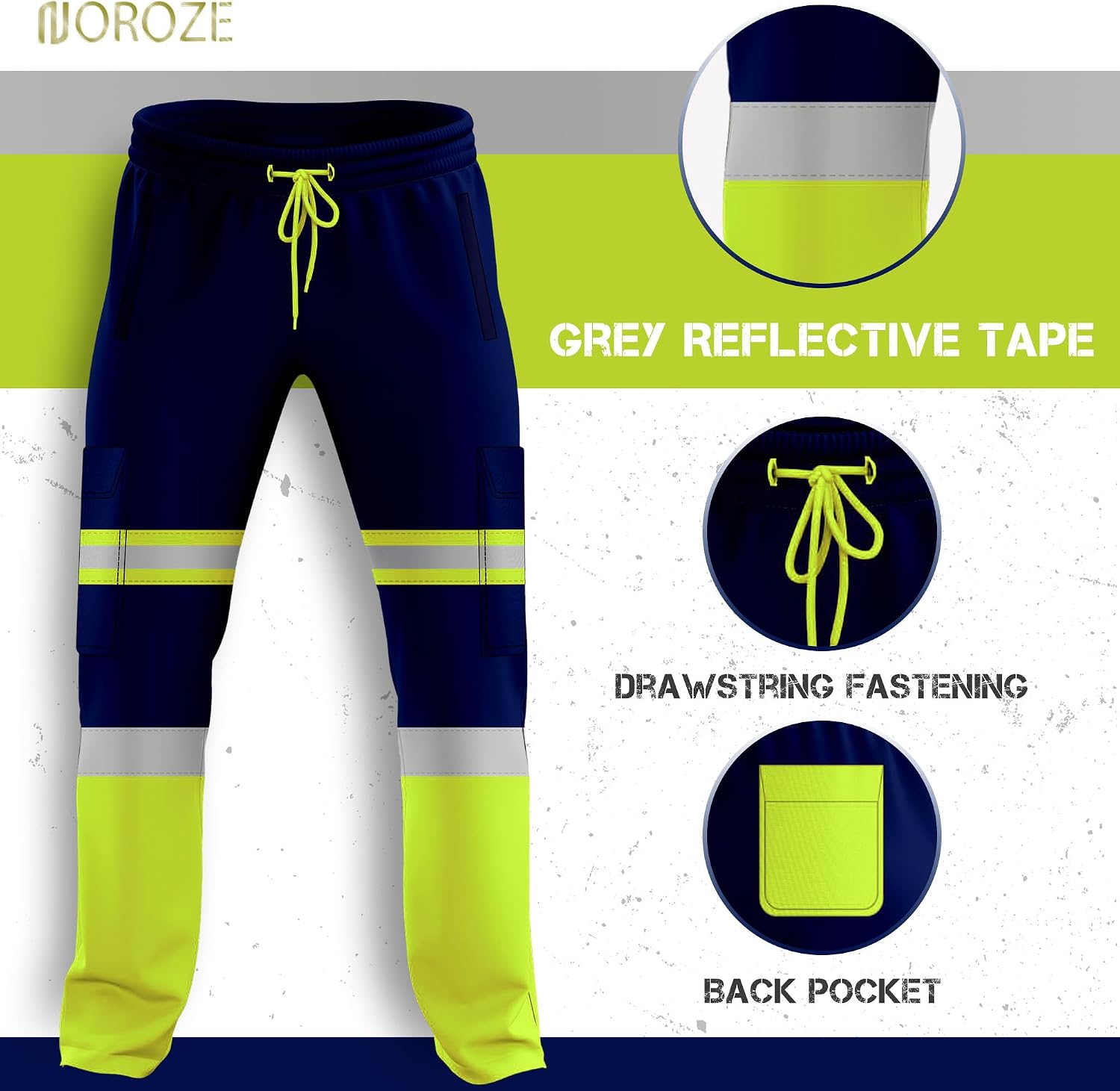 Detalle de NOROZE Mens Hi Vis Trousers: Reflective Safety Workwear with Practical Pockets