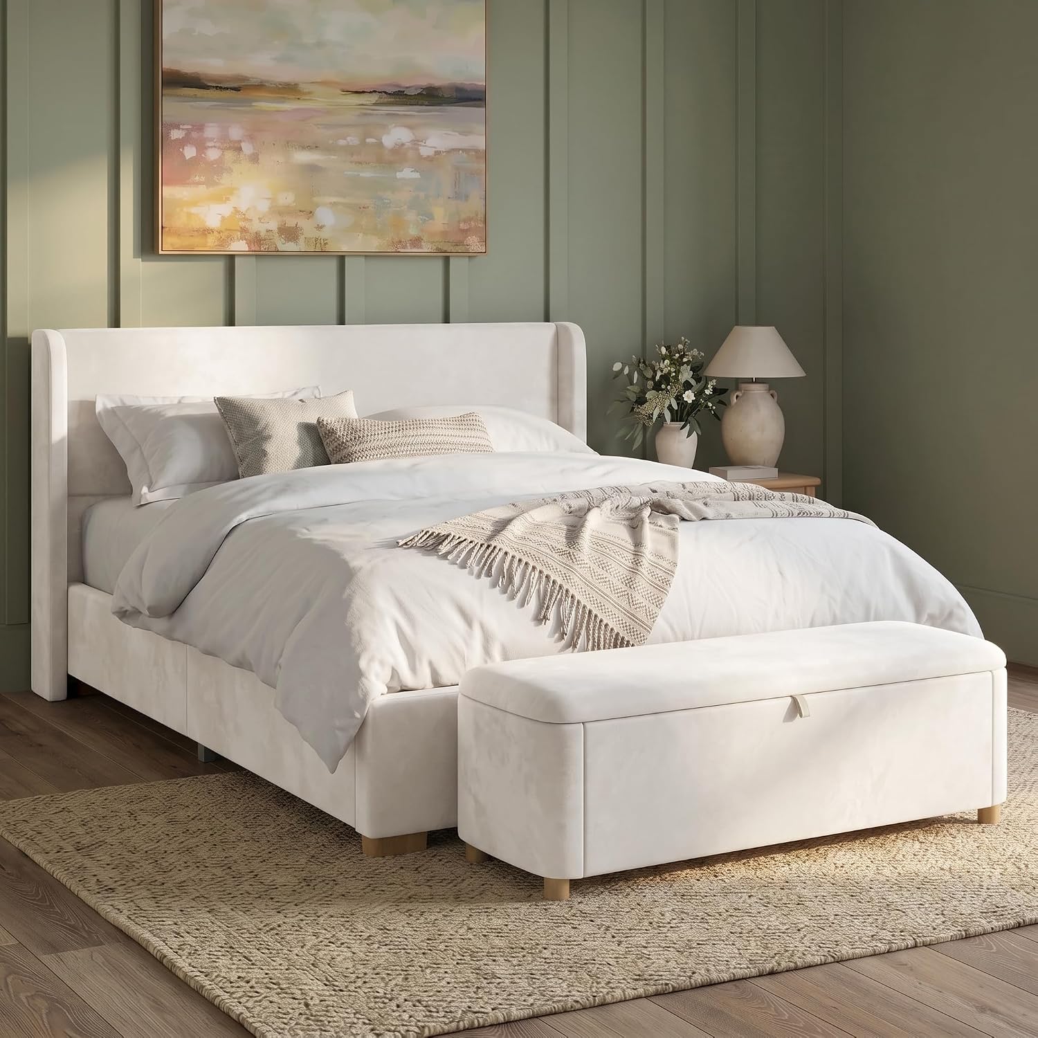 Detalle de Merax 2-Piece King Upholstered Platform Bed Set with Storage Bench, Cream Velvet