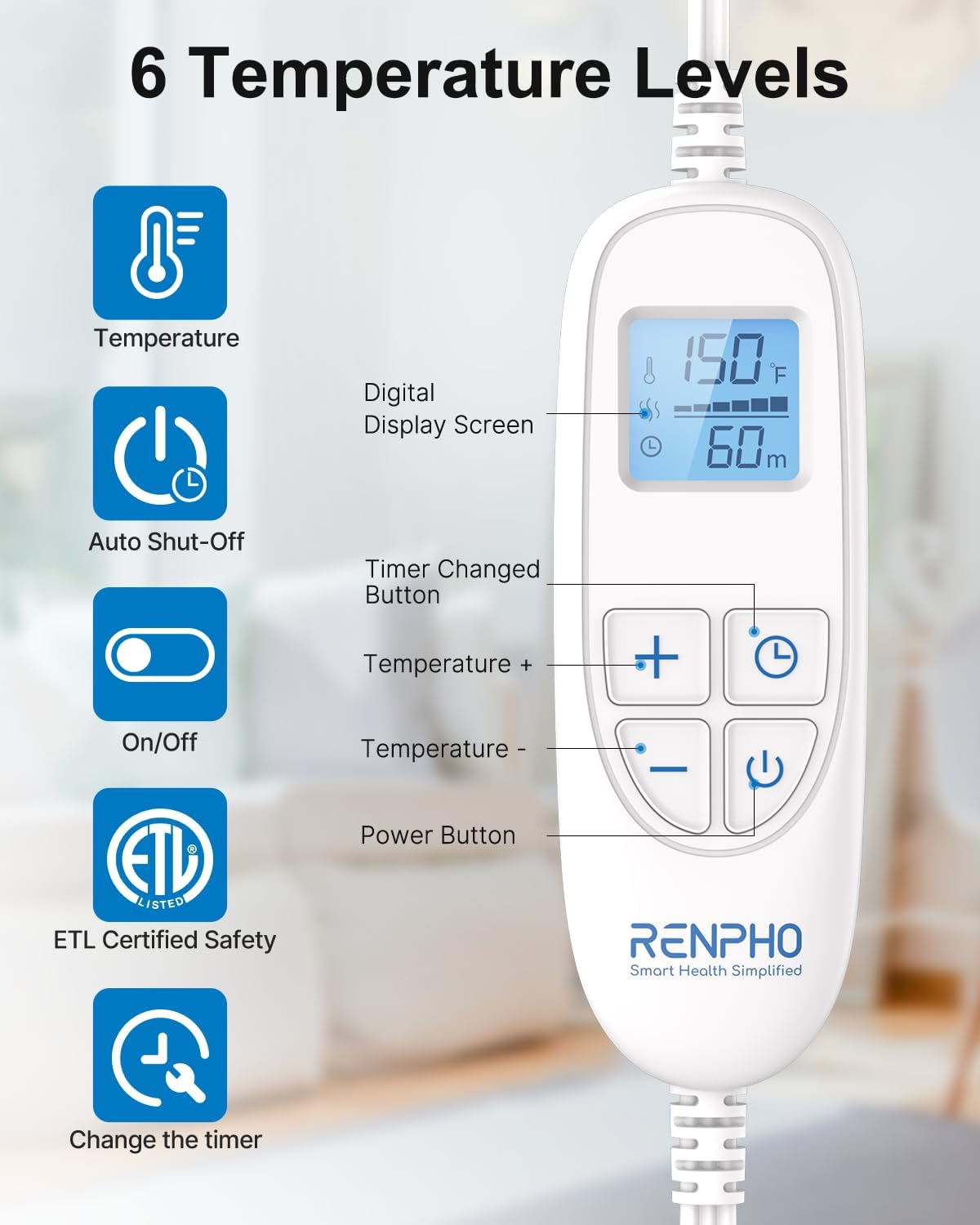 Detalle 2 de RENPHO R-HAP61 24 × 33-Inch Heating Pad, 6 Heat Settings, Blue