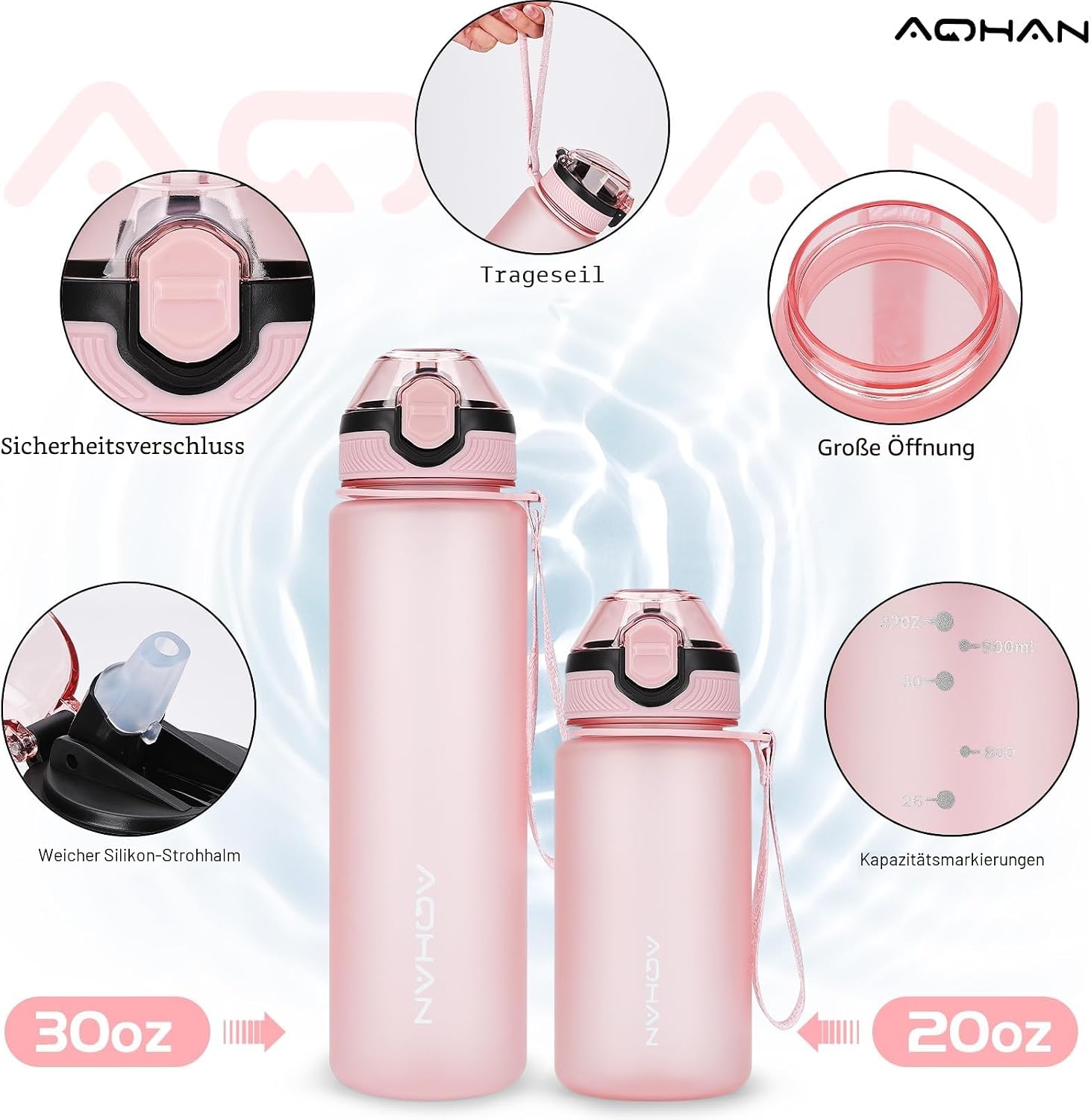 Detalle de AOHAN Trinkflasche 1L mit auslaufsicherem Klappdeckel – BPA-frei, spülmaschinenfest und mit Stroh