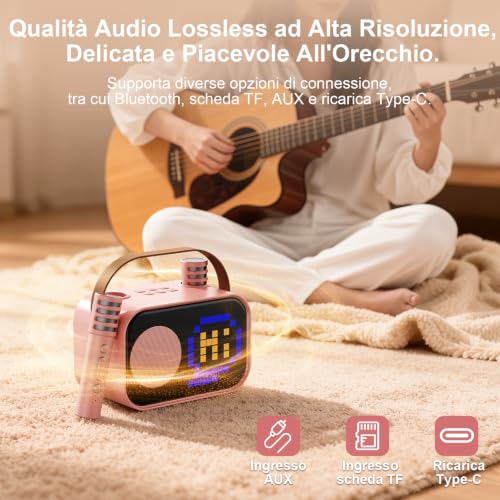 Detalle de JYX Karaoke D58-T con 2 Microfoni e Altoparlante Bluetooth 5.3 – Rosa