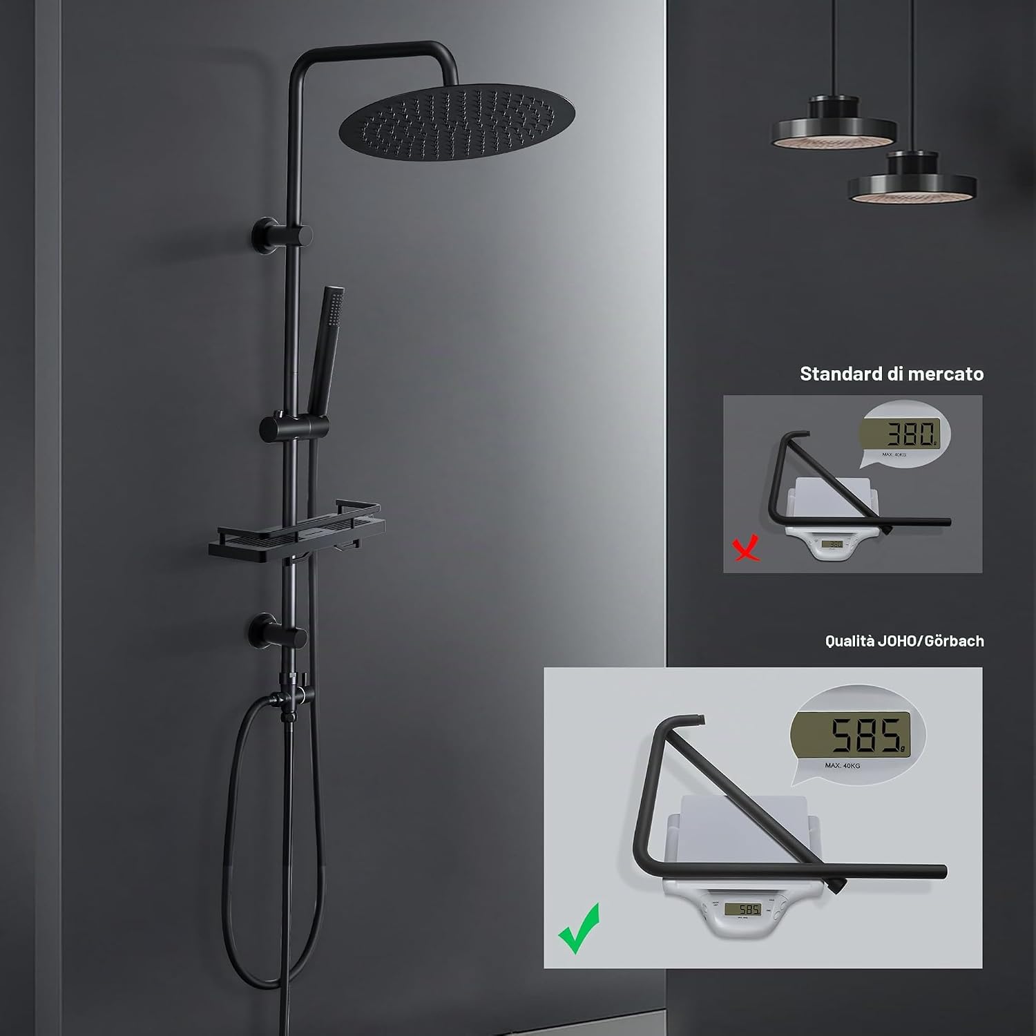 Thumbnail 6 de Görbach Colonna Doccia in Acciaio Inox con Soffione a Pioggia, Doccetta, Mensola e Deviatore – Setup Senza Miscelatore