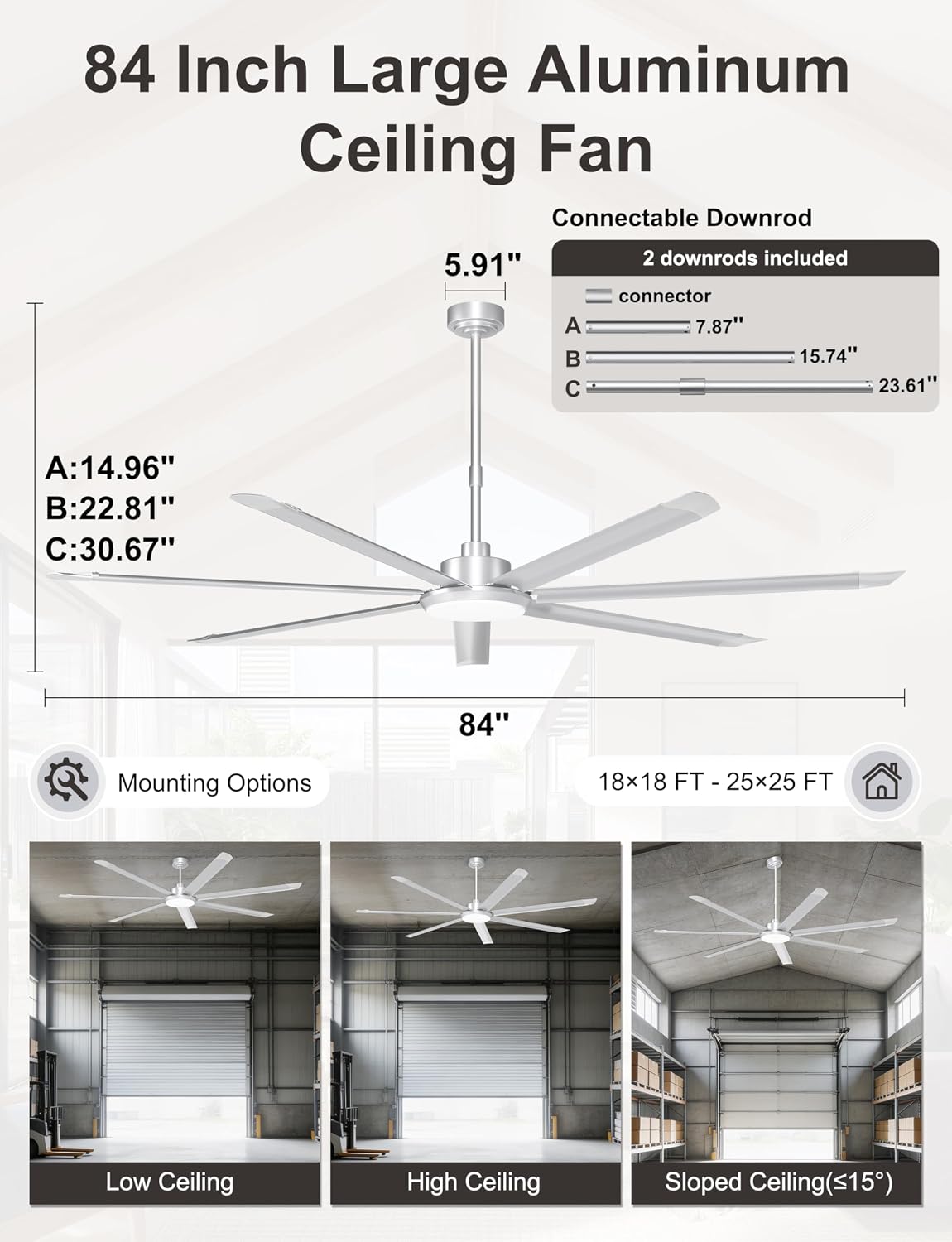 Detalle de Ohniyou GLX121 84-Inch Industrial Ceiling Fan with Light, 11,000 CFM, 3 CCT