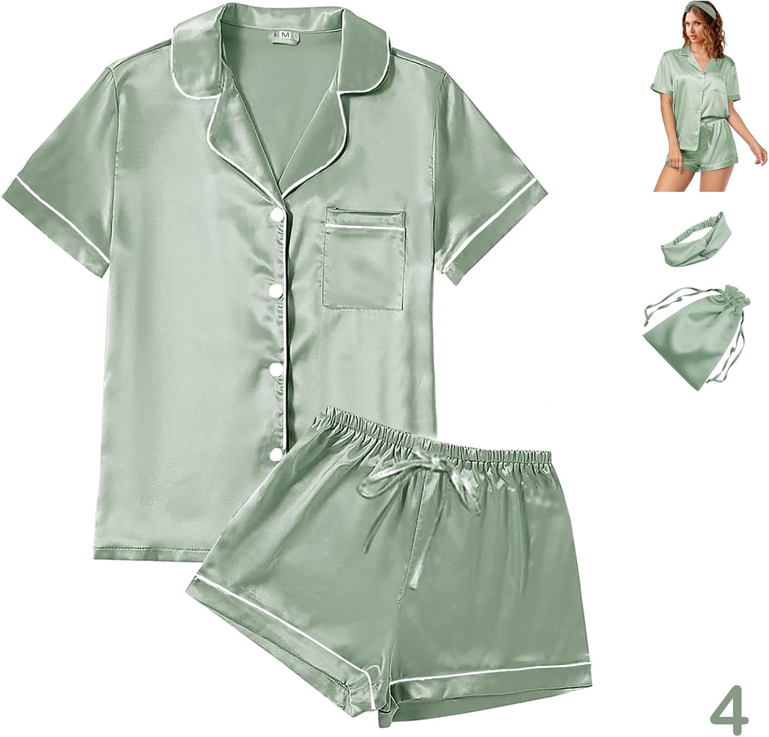 Thumbnail 5 de WJing Yi Jia 4-Piece Women’s Satin Silky Pajama Set (Short Sleeve Top + Shorts) with Headband & Pouch Bag
