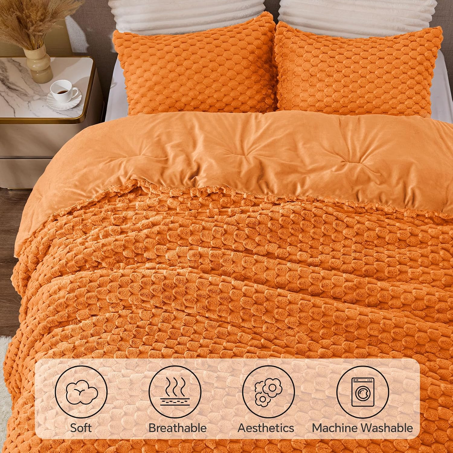 Detalle de BEDELITE Fluffy Full Comforter Set, Burnt Orange Fleece, 3 Pieces