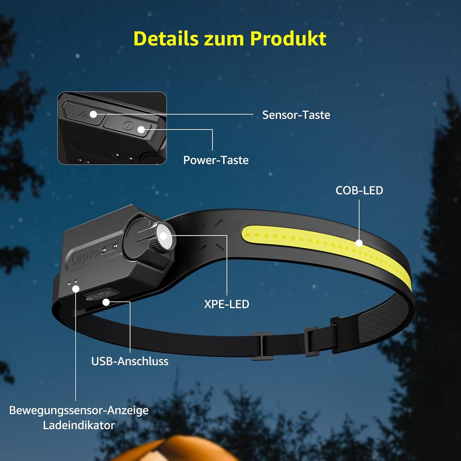 Detalle de Lepro Stirnlampe LED wiederaufladbar „Superhell“ 350 Lumen, 5 Modi, IP44 – inkl. 2 Stück (USB‑C)