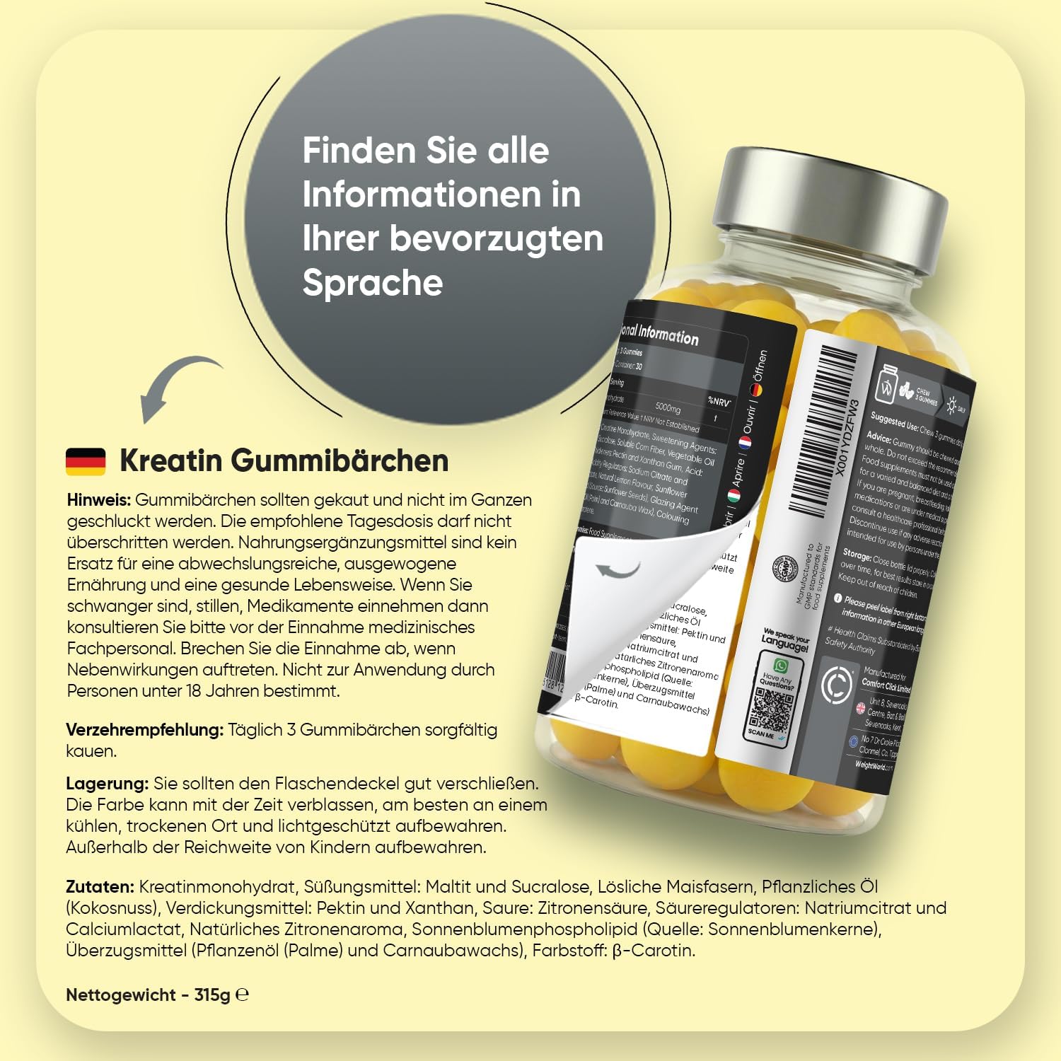 Thumbnail 3 de WeightWorld Creatin Monohydrat Gummibärchen (5.000 mg pro Portion) – zuckerfreie vegane Kreatin-Gummis mit Zitronengeschmack