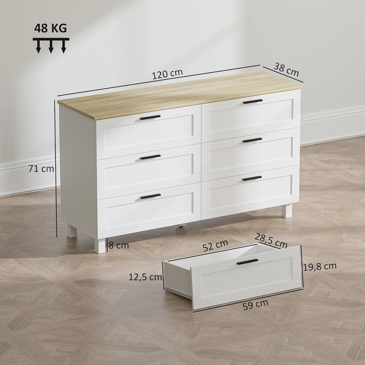 Detalle de HOMCOM Commode à 6 tiroirs en bois naturel et blanc – rangement élégant 120 x 38 x 71 cm