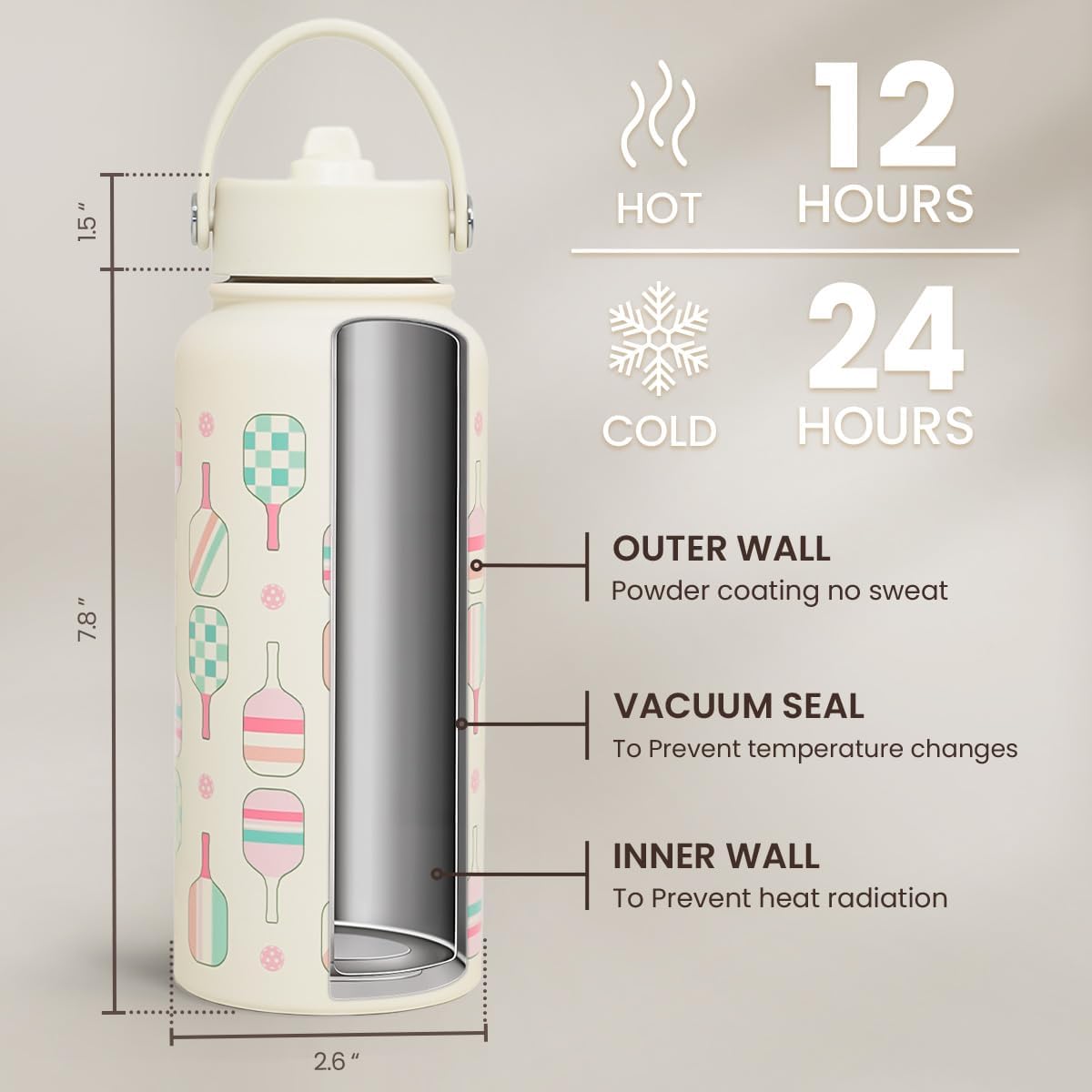 Thumbnail 4 de Pickleball Water Bottle 32oz Stainless Steel Insulated Vacuum with Lid