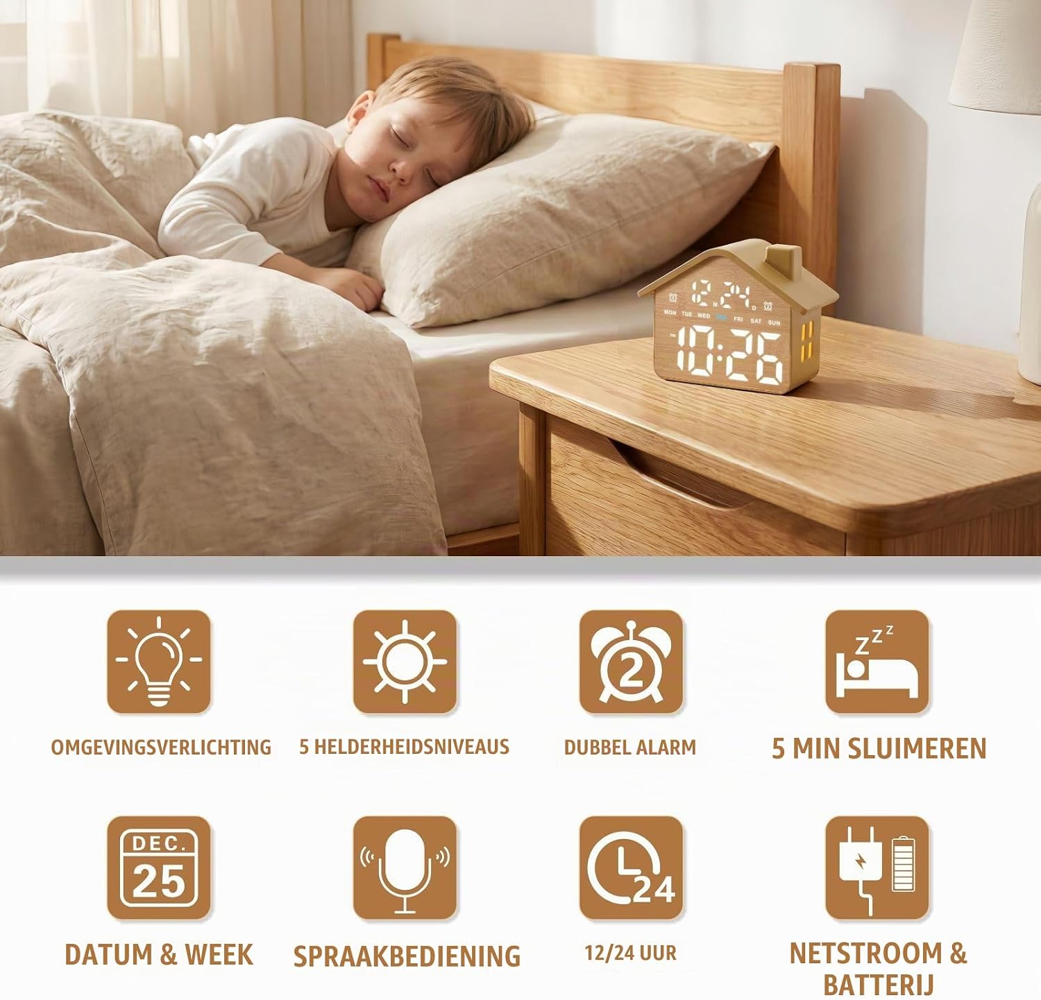 Detalle de Plumeet VLEU-8053-WD houten digitale wekker met dubbel alarm en dimbaar display