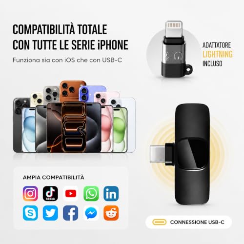 Thumbnail 6 de Qhot Microfono Wireless 2 Pezzi per iPhone e Android – Lavalier Plug & Play con USB-C e Lightning