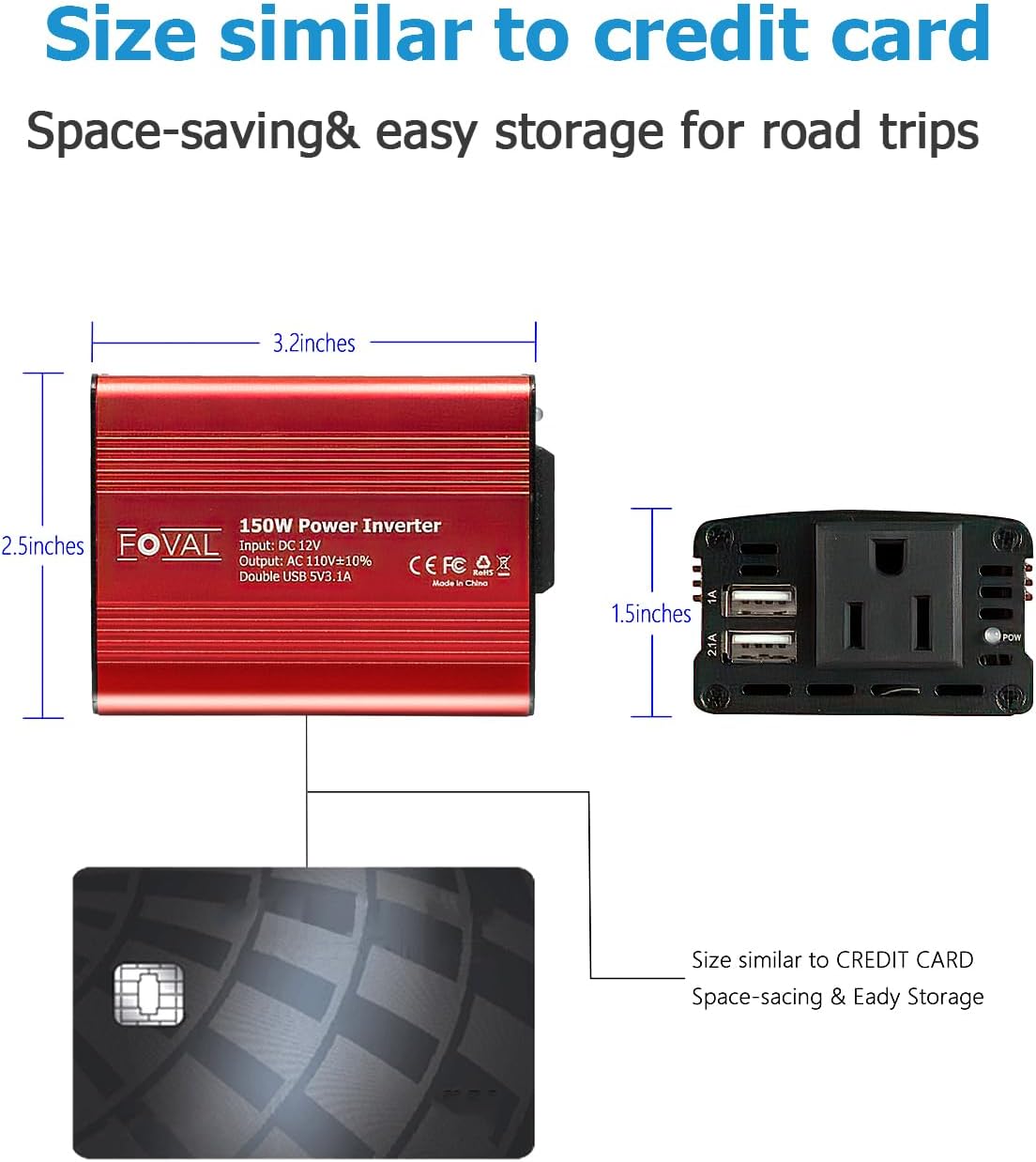 Detalle de FOVAL 150W Car Power Inverter: 12V DC to 110V AC with Dual USB and Compact Aluminum Build