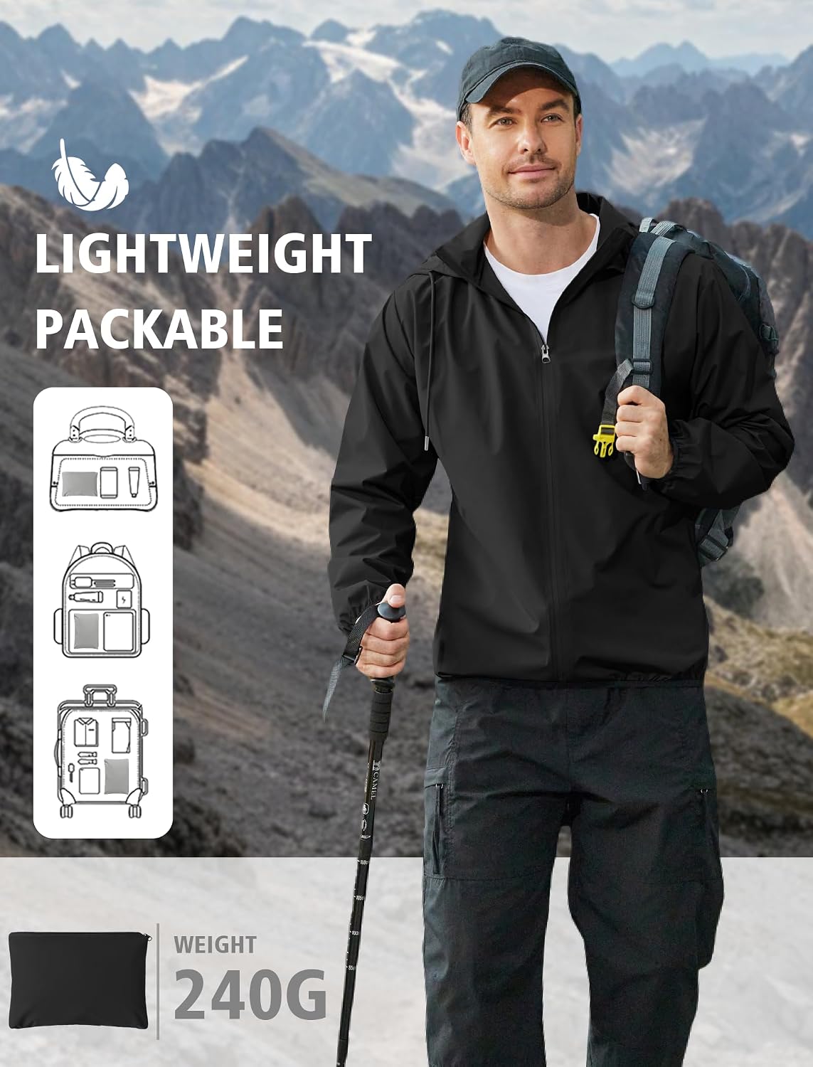 Detalle de COOFANDY Men's Light Rain Jacket with Hood: Packable Waterproof Windbreaker for Travel & Outdoors