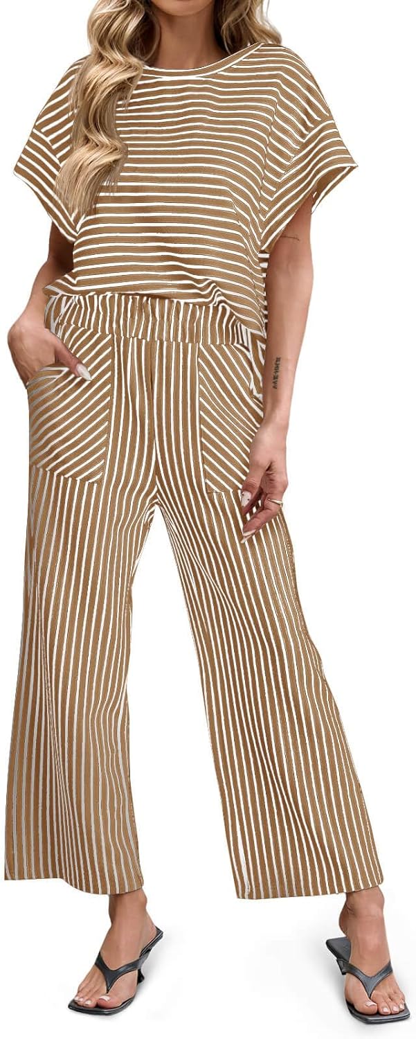 Thumbnail 5 de Tankaneo Womens Striped 2 Piece Sets: Short Sleeve T Shirts & Wide Leg Pants Lounge Set with Pockets