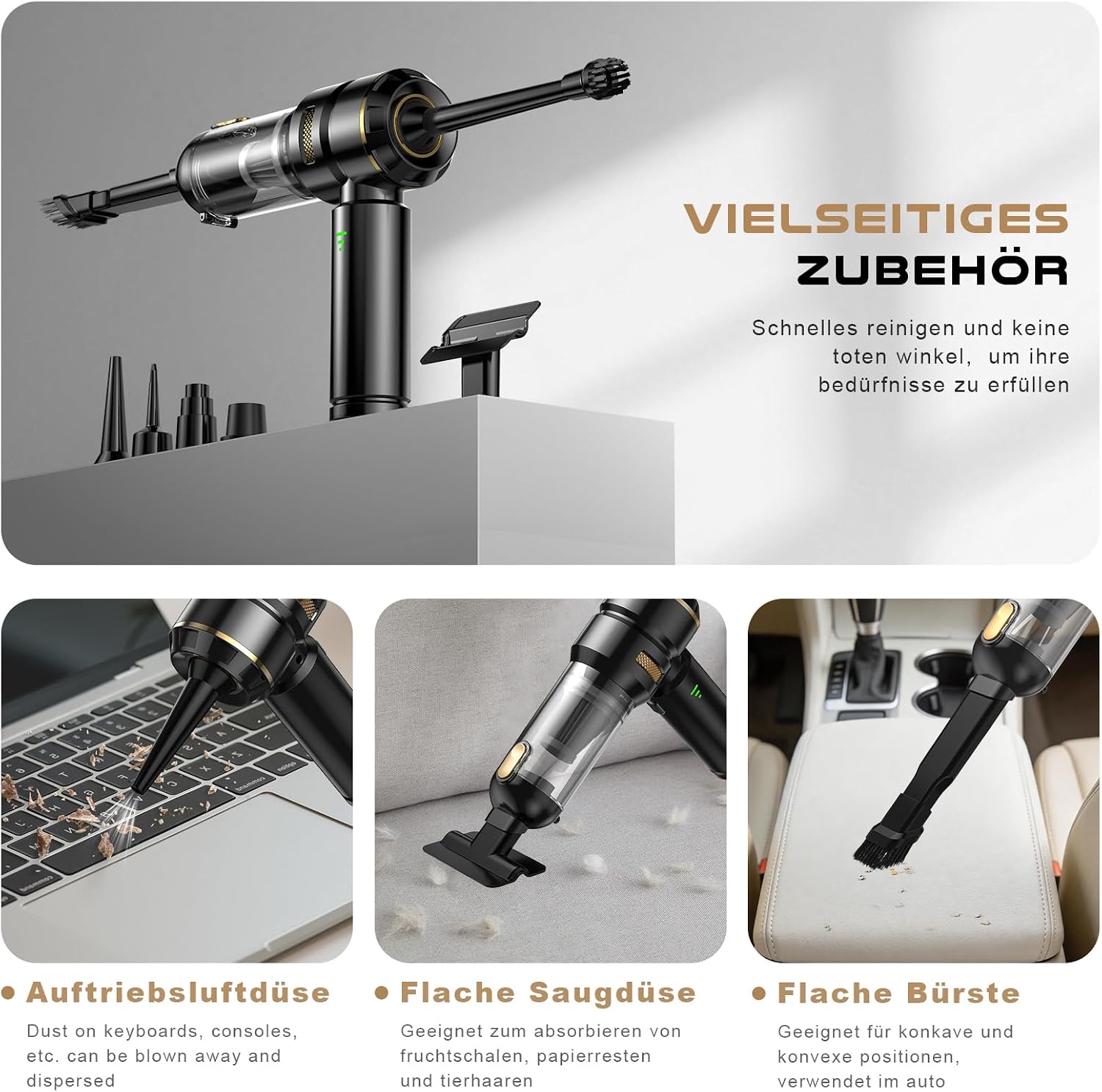 Detalle de KITBEZN Handstaubsauger: Kabellos, 27 kPa, 135 W – 4-in-1 Mini Staubsauger für Auto, Haus und Tierhaare