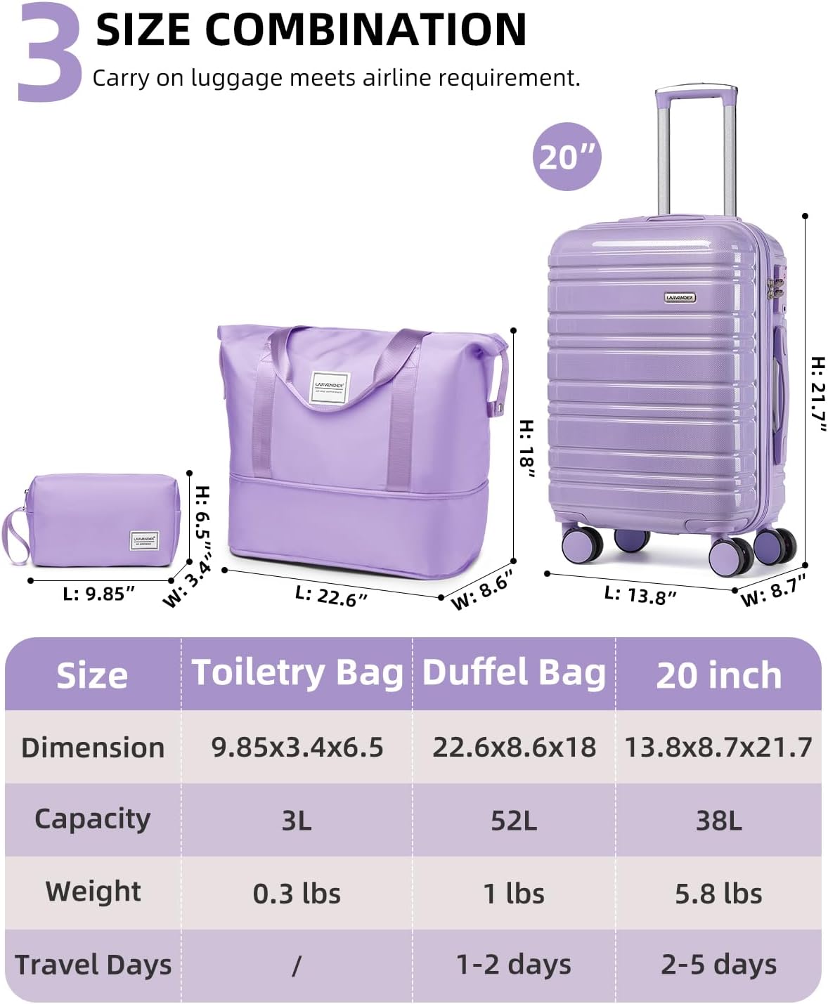 Thumbnail 3 de LARVENDER Carry-On Luggage 22x14x9 – 3-Piece Set in Glossy Lavender