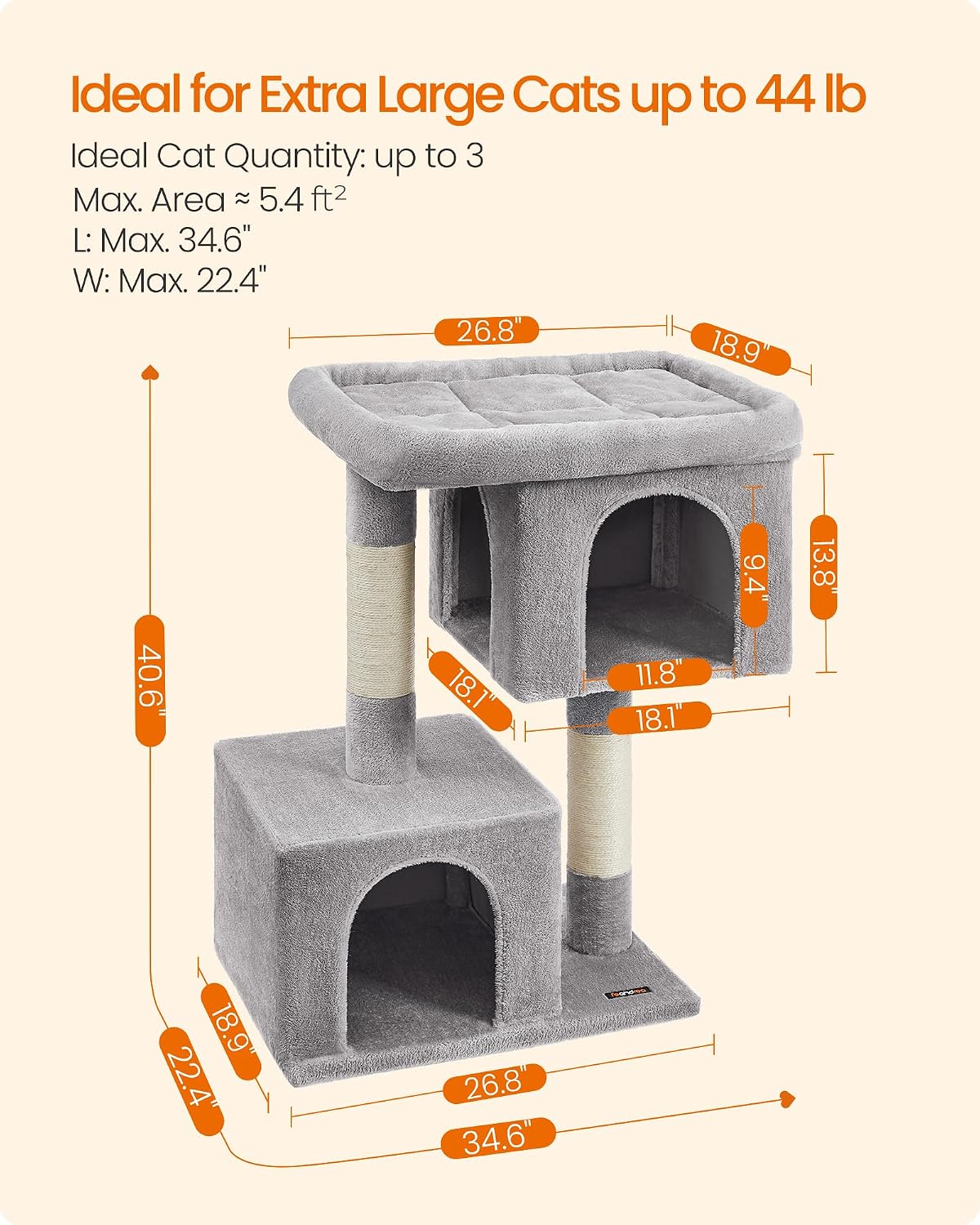 Detalle 2 de Feandrea UPCT614W01 Cat Tree, 40.6-Inch Tower with Sisal Posts and Two Caves