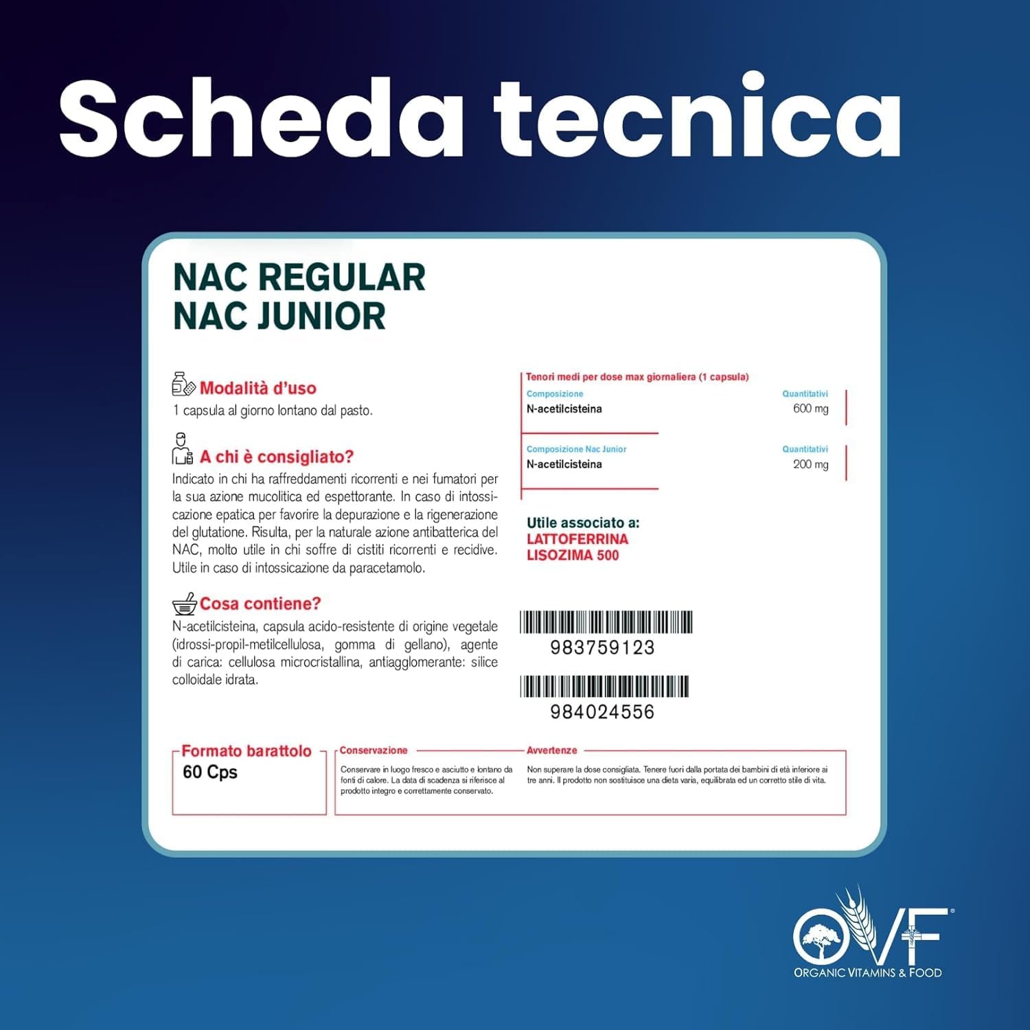 Thumbnail 6 de OVF NAC 600 mg - N-acetilcisteina 60 capsule, 2 mesi di fornitura, senza glutine e senza lattosio