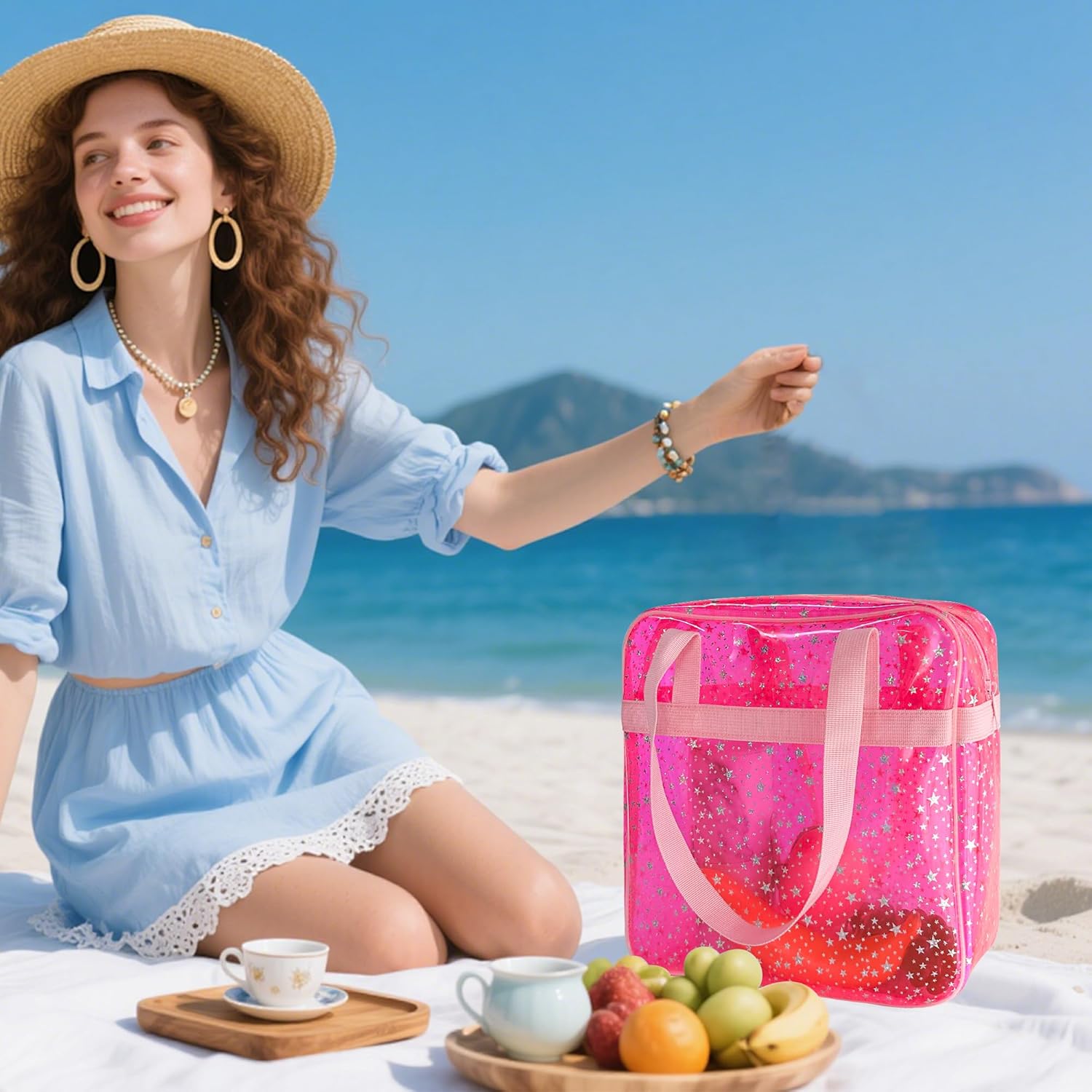 Detalle de TotePrint Wasserdichte Sternen-PVC Strandtasche 30×30×10cm – Transparente Leichte Tragetasche mit Griff