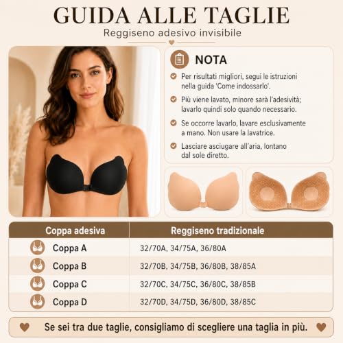 Detalle de QM Reggiseno Adesivo Push Up Frontale – Coppa A a D, Nero o Pelle, 2 Paia