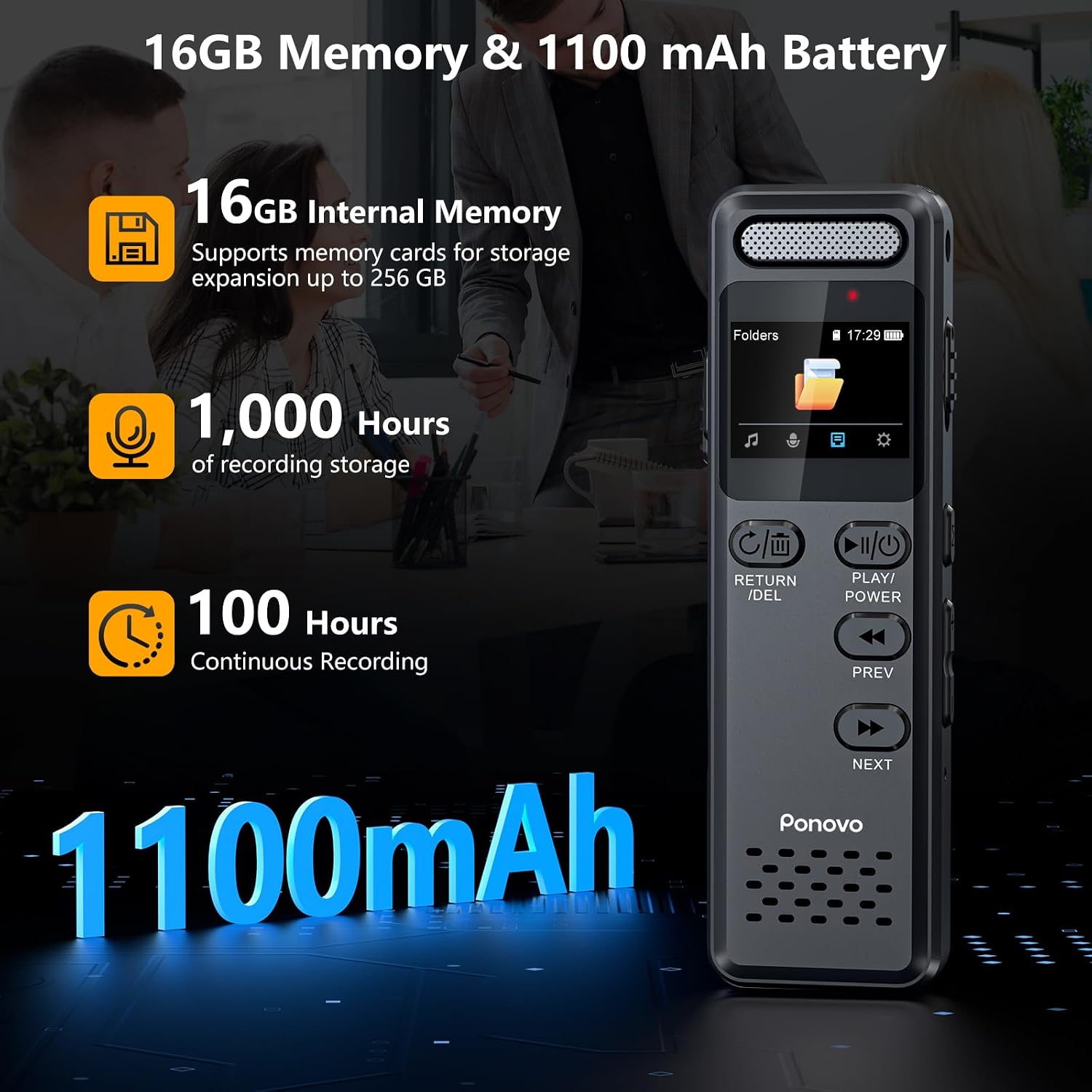 Detalle de Ponovo Voice Recorder 100H with 80GB Storage and 100 Hours of Recording