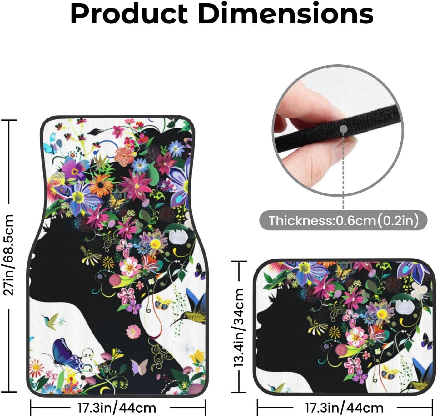 Thumbnail 4 de Car Floor Mats Set of 4pcs – Fashion Girl Silhouette with Colourful Floral Hairstyle Car Carpet