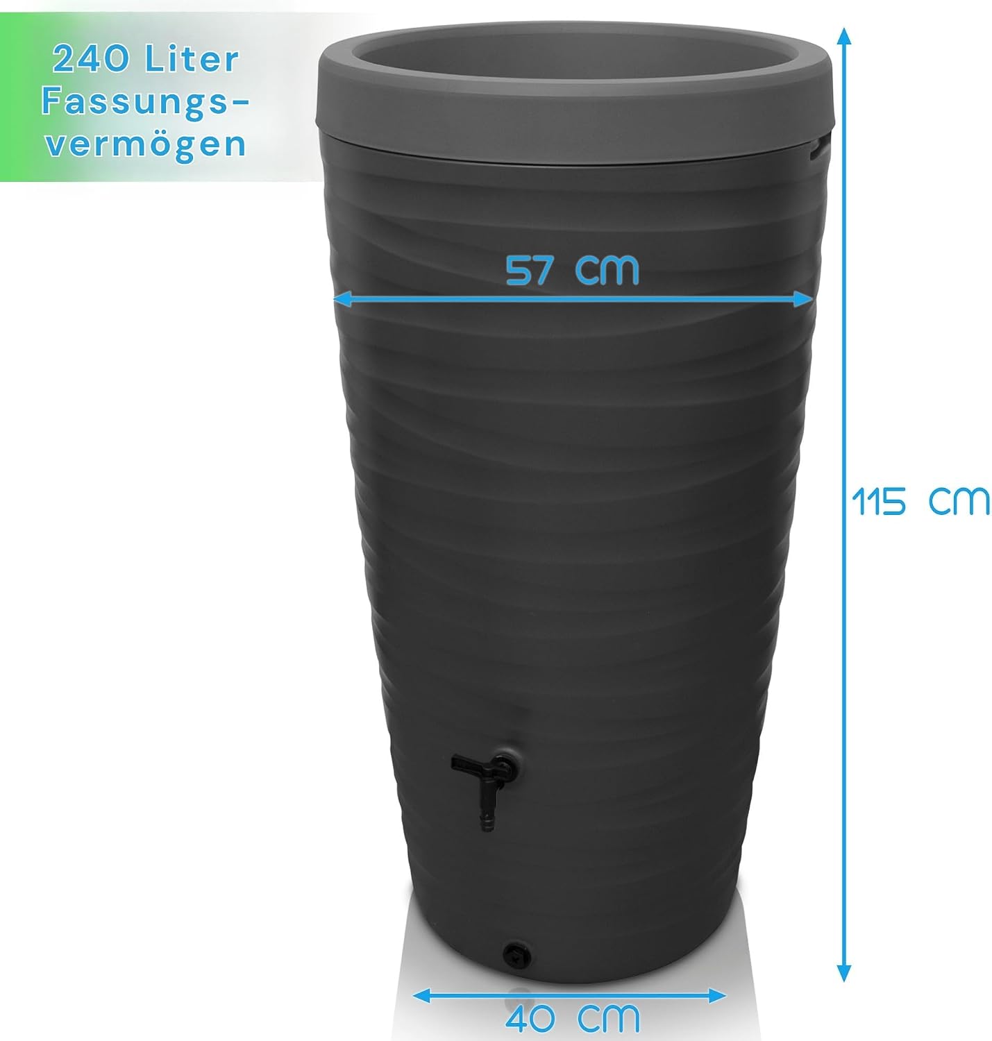 Detalle de YourCasa Regentonne 240 Liter Wave Design – frostfeste Kunststoff-Regenwassertonne mit Hahn