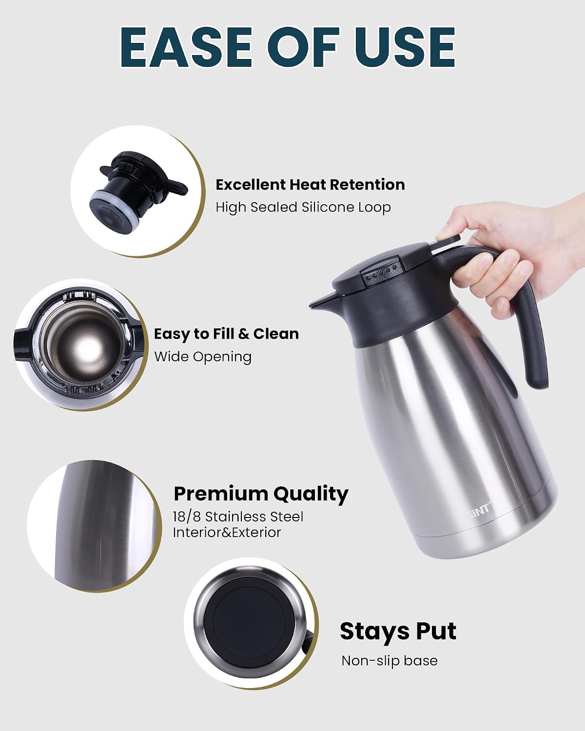 Thumbnail 2 de GiNT 51Oz Stainless Steel Thermal Coffee Carafe with Lid – Double Wall Vacuum Insulation