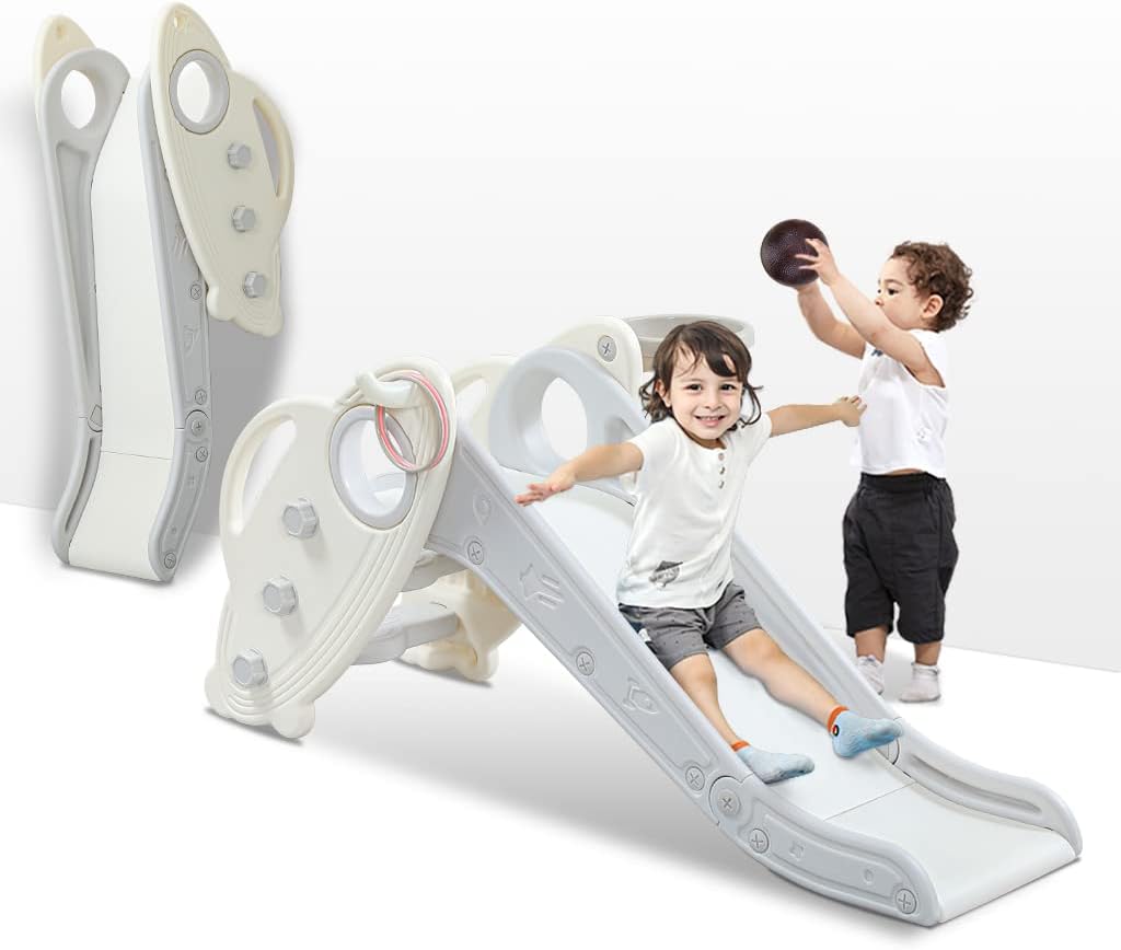 Detalle de Onasti Kids Slide for Toddlers (Age 1–3) Freestanding & Folding Slide Playset with Basketball Hoop and Ring Toss, Grey