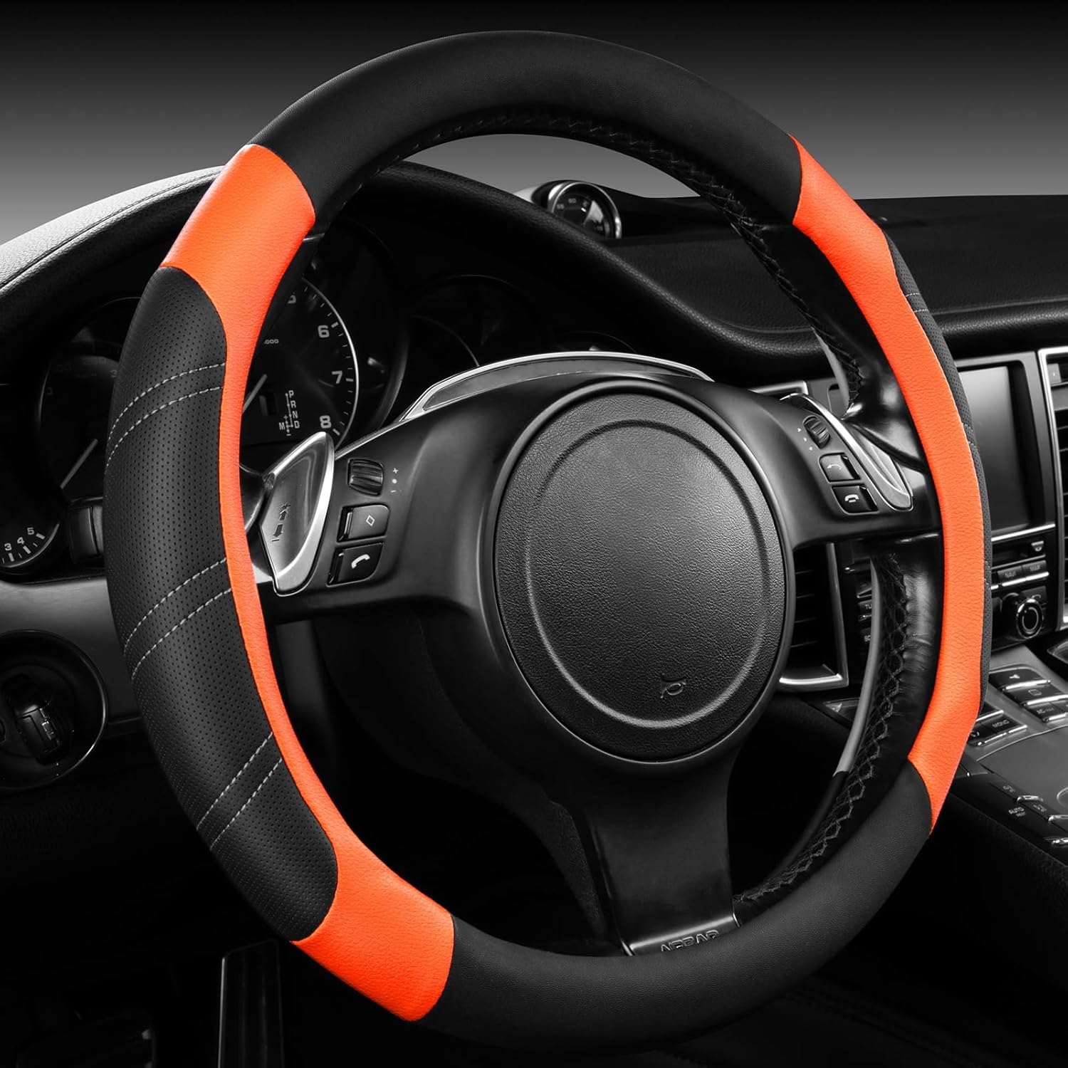Thumbnail 6 de CAR PASS Leather Steering Wheel Cover and Waterproof Floor Mats Combo for 95% of Cars — 14.5–15 inch, Orange Sporty Lux Feel