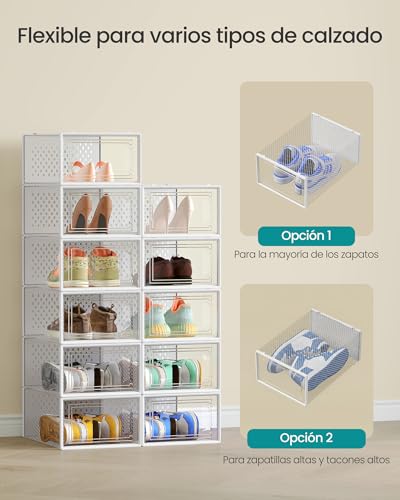 Detalle de SONGMICS Cajas de Zapatos: Organizador de Plástico, Plegable y Apilable (12 uds, Talla 43) - Transparente y Blanco Nube